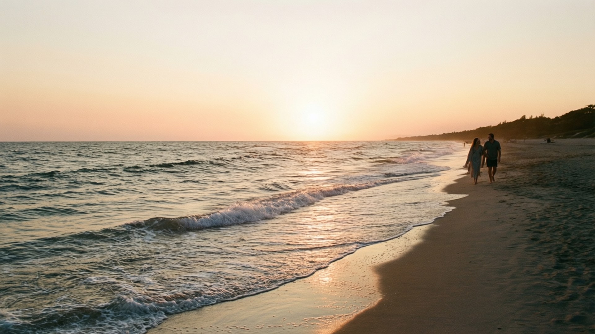 couple, sandy beach, sunset, Full HD Desktop Wallpaper