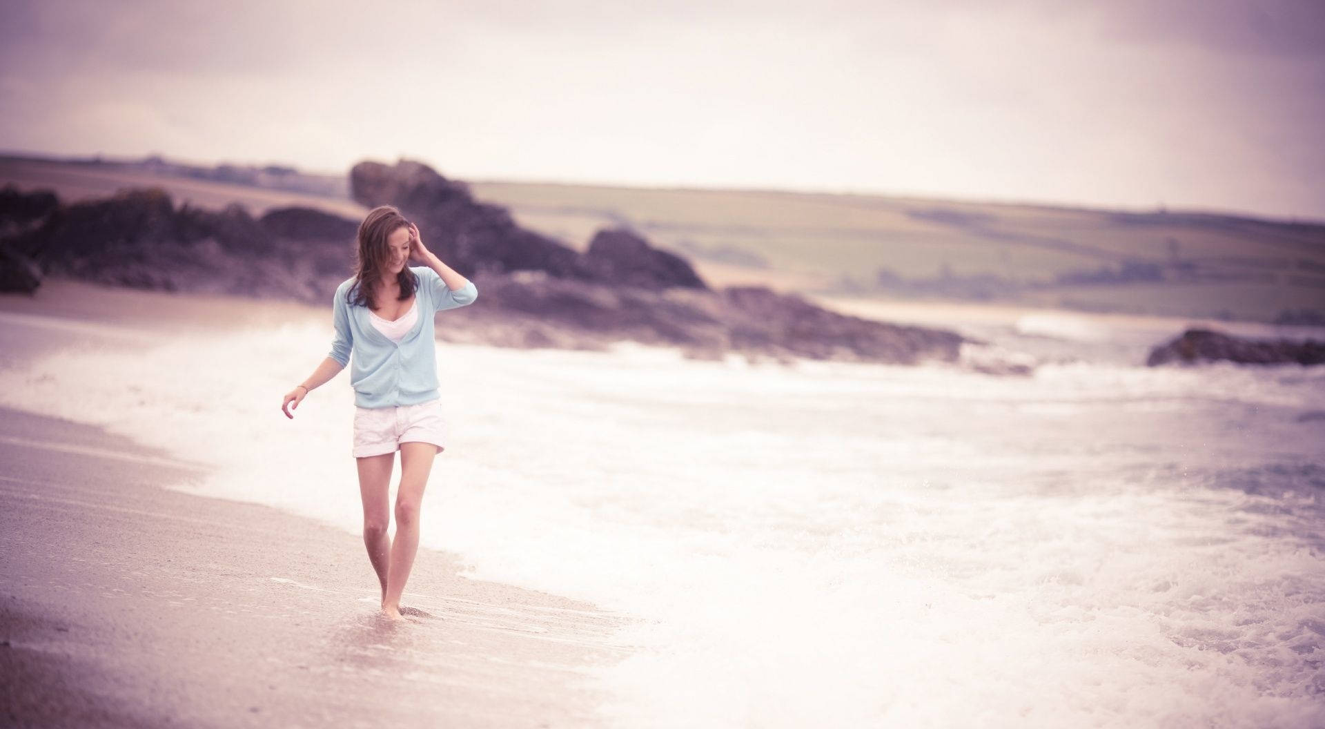 monochrome, woman, beach, Full HD Desktop Wallpaper