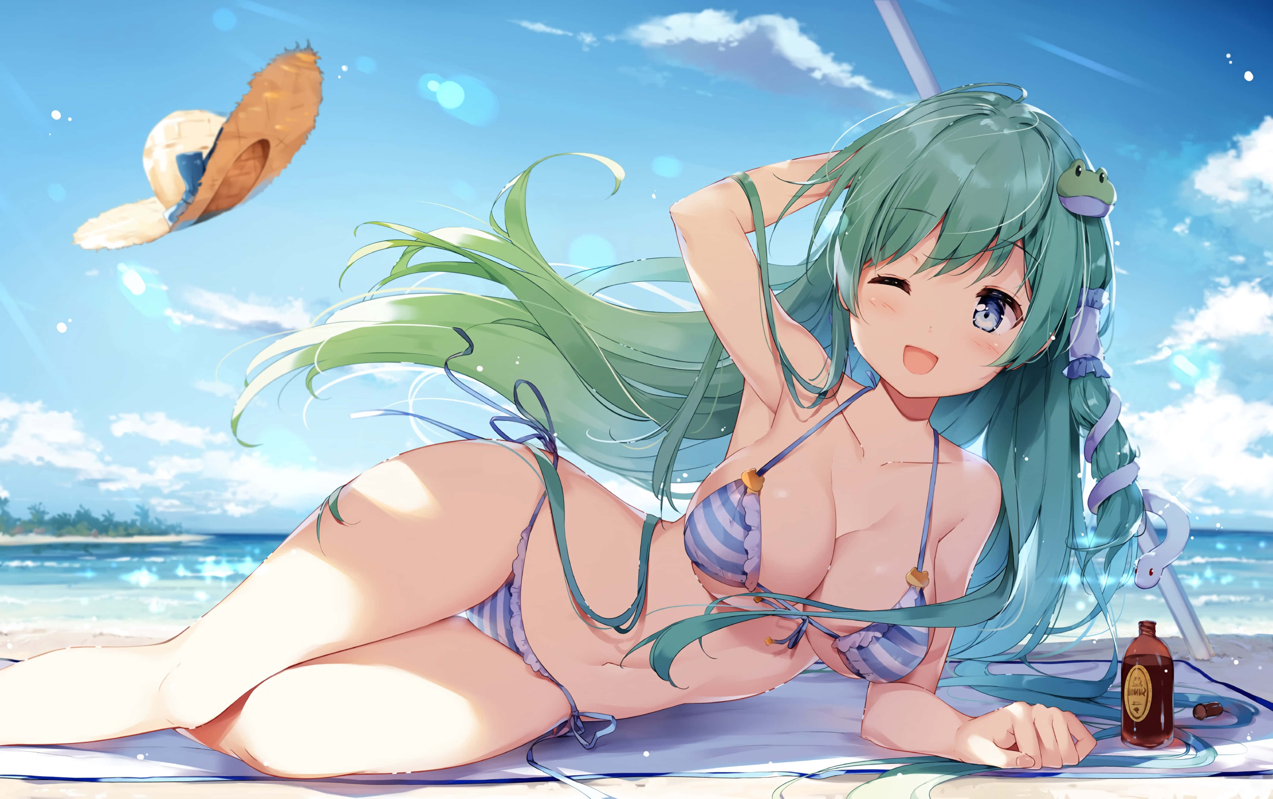 teal hair, beach towel, bright blue sky, 4K Desktop Wallpaper