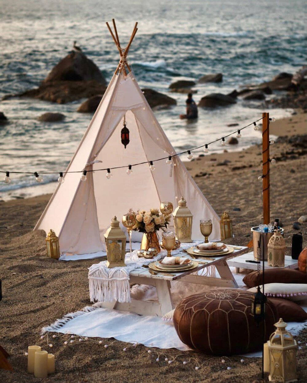 beachside teepee, golden lanterns, string lights, SD Phone Wallpaper