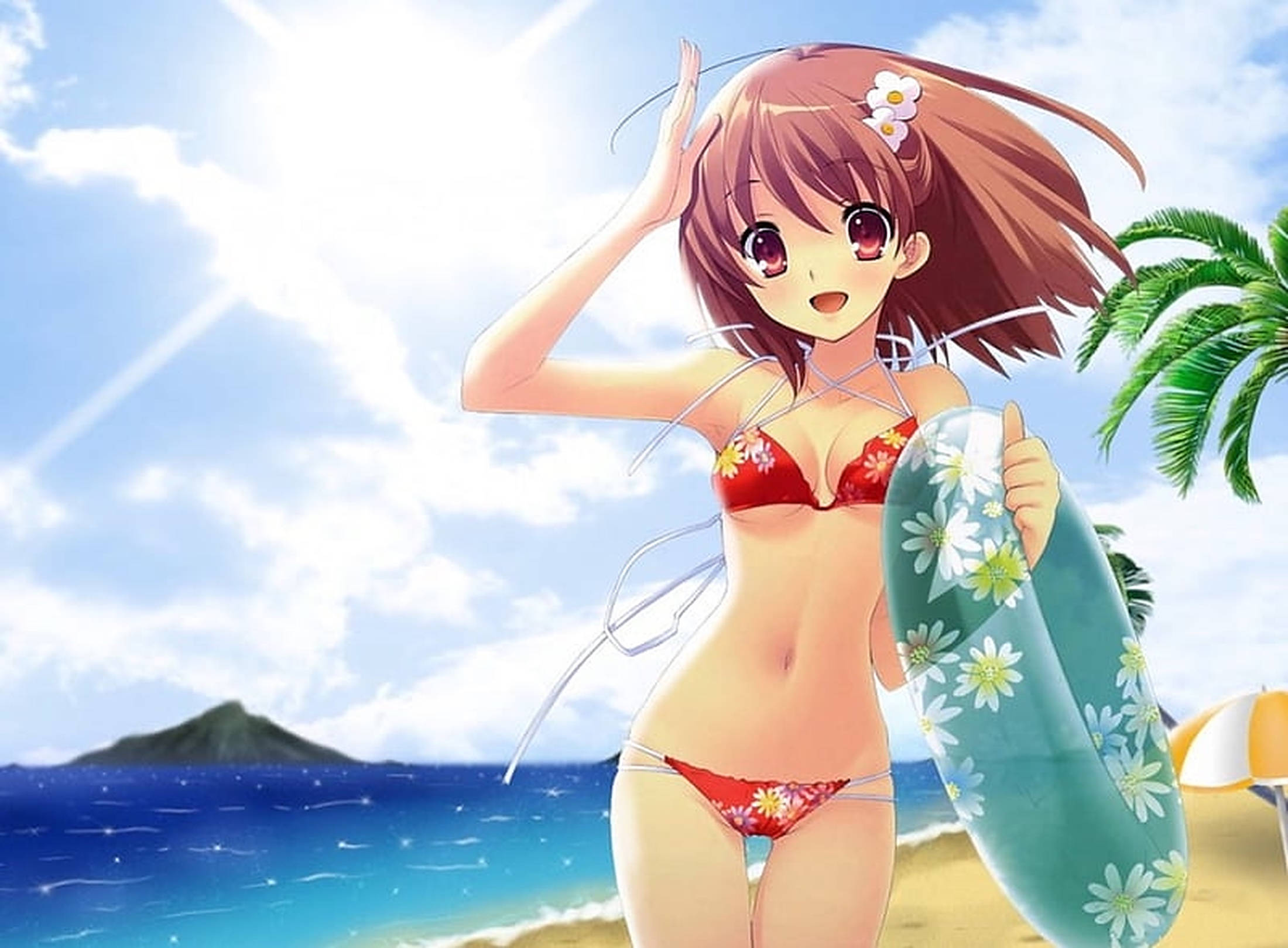 anime girl, red floral bikini, floral float, Full HD Desktop Wallpaper