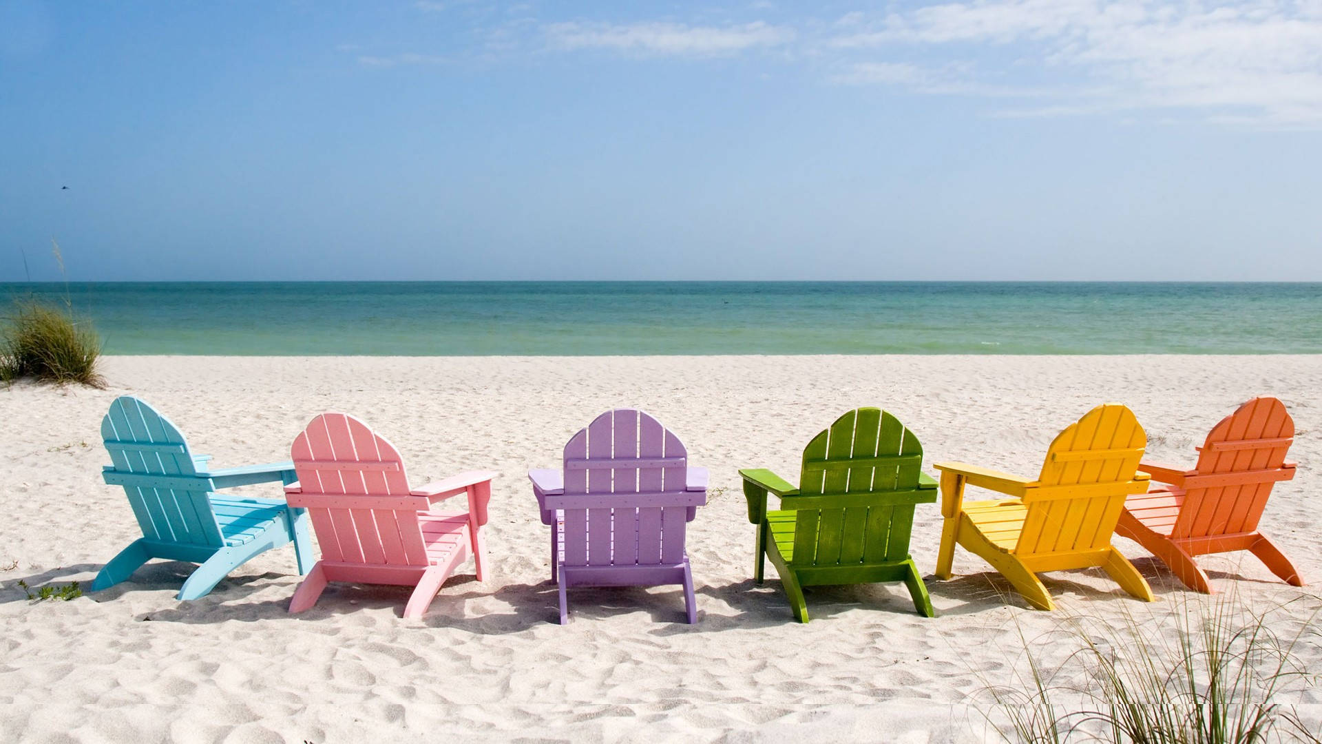 Beach Vacation, rainbow chairs, Adirondack chairs, Full HD Desktop Wallpaper