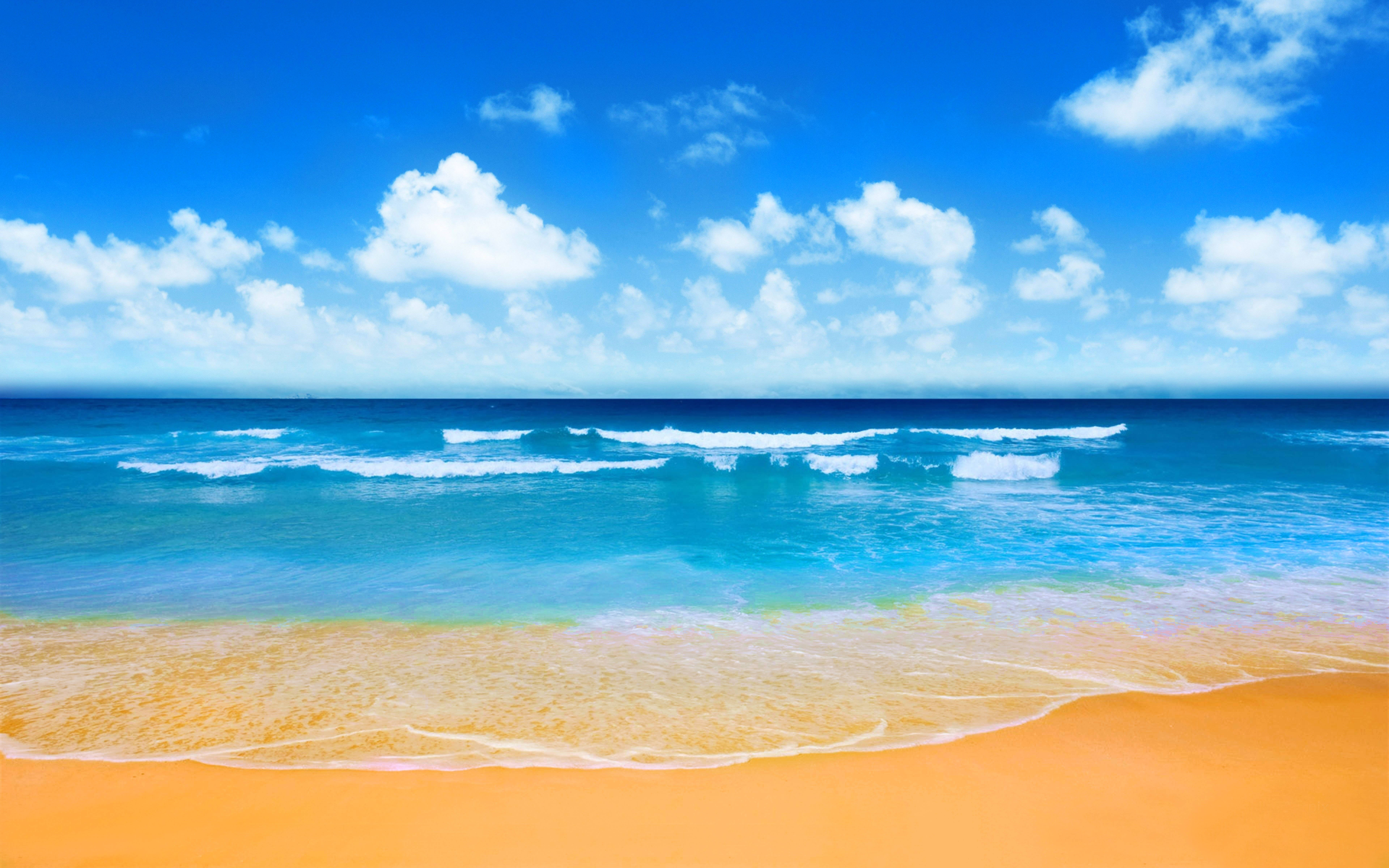 4K, turquoise waves, golden sand, 8K Desktop Wallpaper