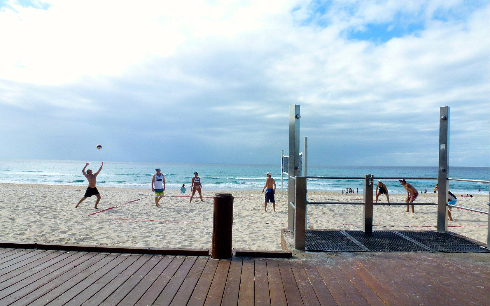 beach volleyball, wooden deck, cloudy sky, HD Desktop Wallpaper