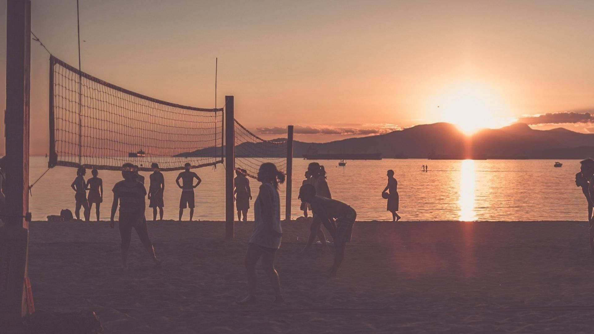 vintage beach volleyball, sunset, glowing orange sky, Full HD Desktop Wallpaper
