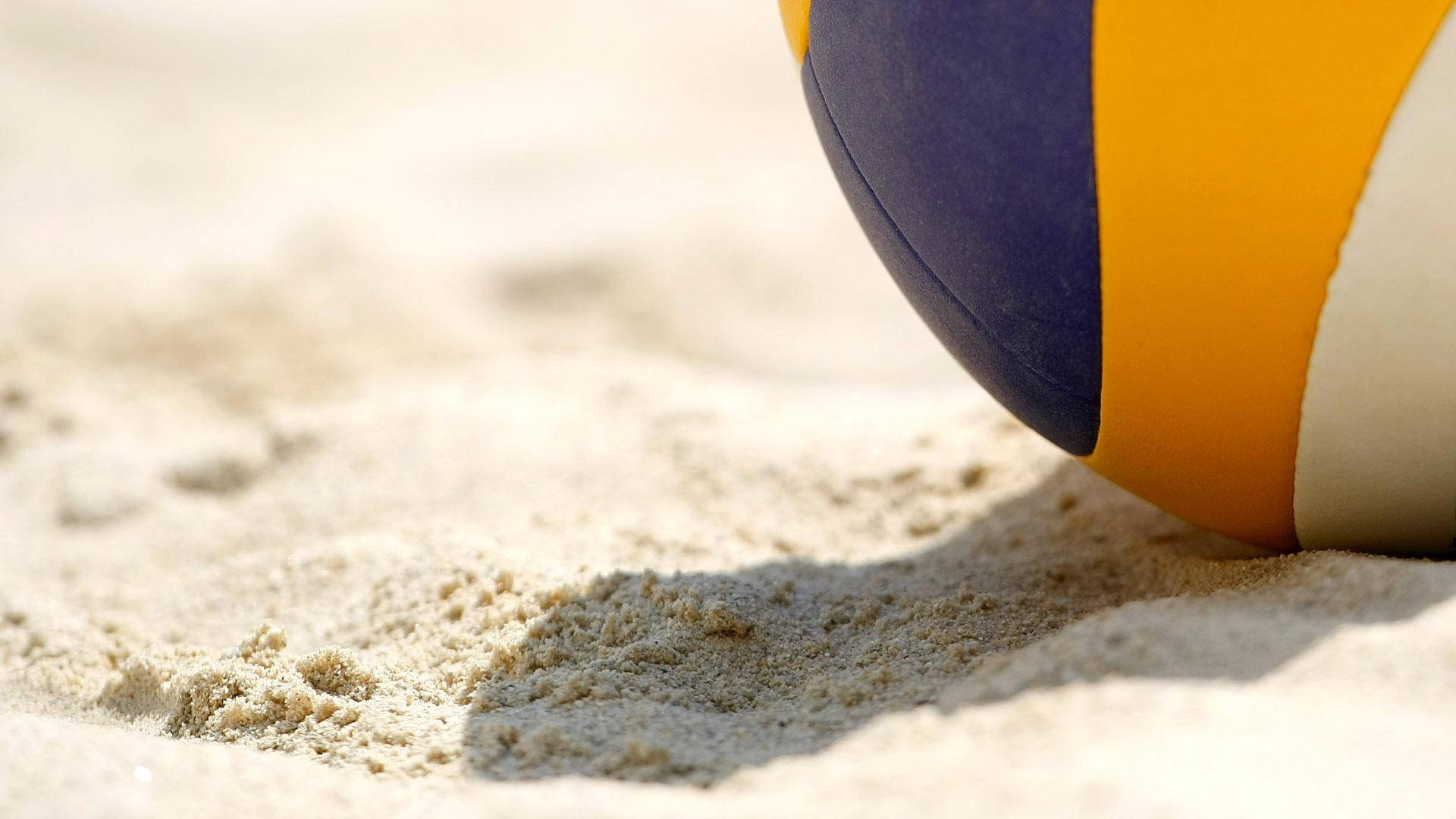 beach volleyball, blue yellow and white volleyball, warm sunlit sand, Full HD Desktop Wallpaper