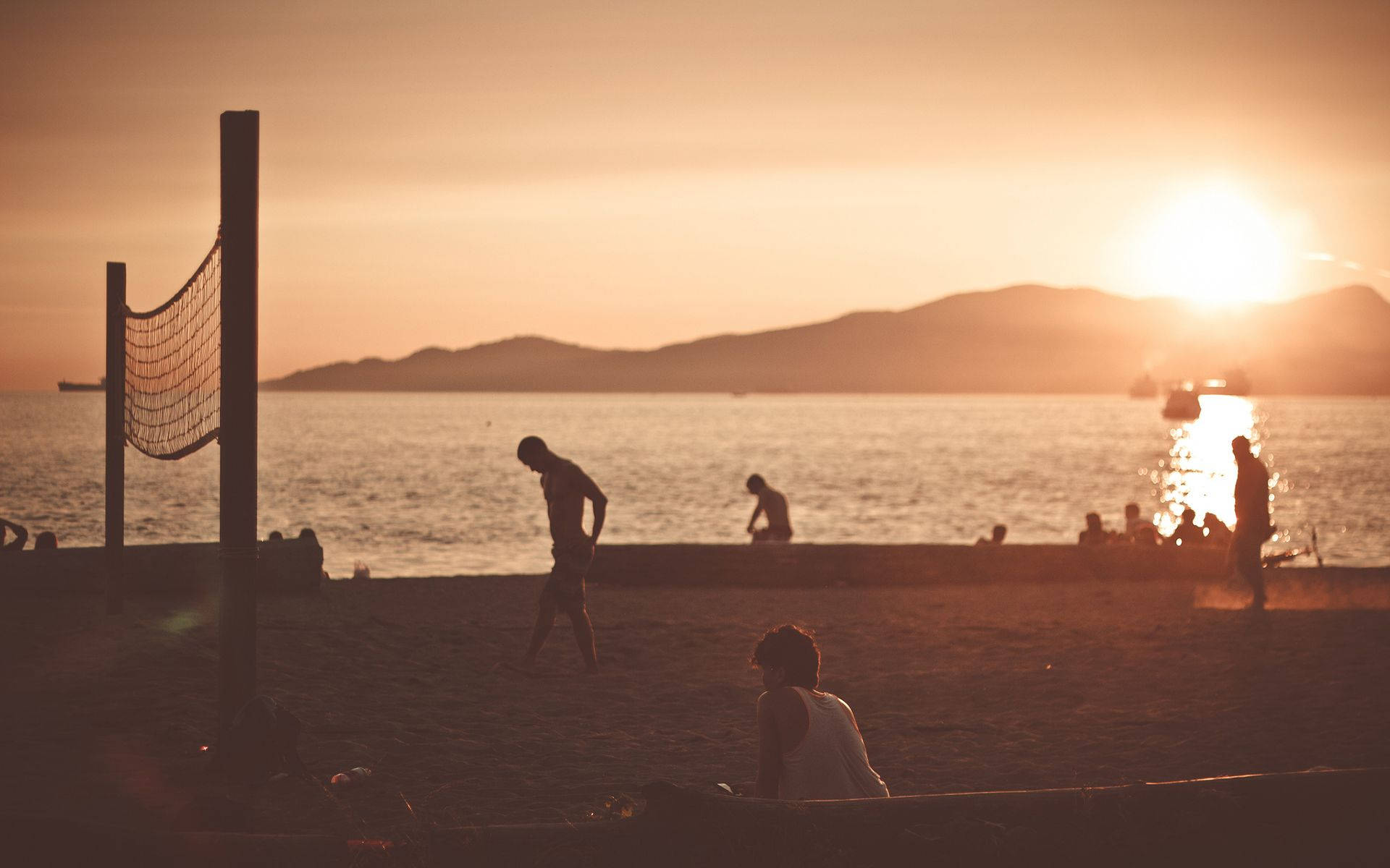 beach volleyball net, silhouette, sunset, Full HD Desktop Wallpaper