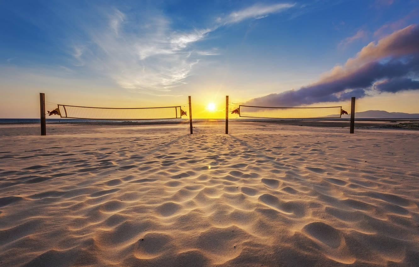 beach volleyball net, golden sand, sunset, HD Desktop Wallpaper