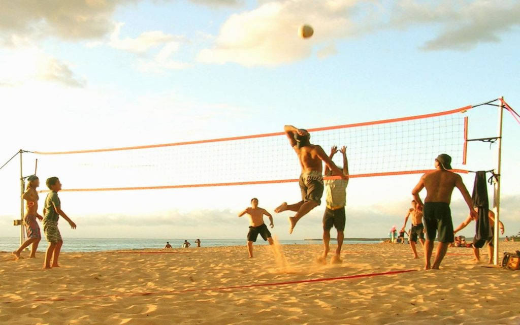 beach volleyball court, sunlit beach, golden sky, SD Desktop Wallpaper
