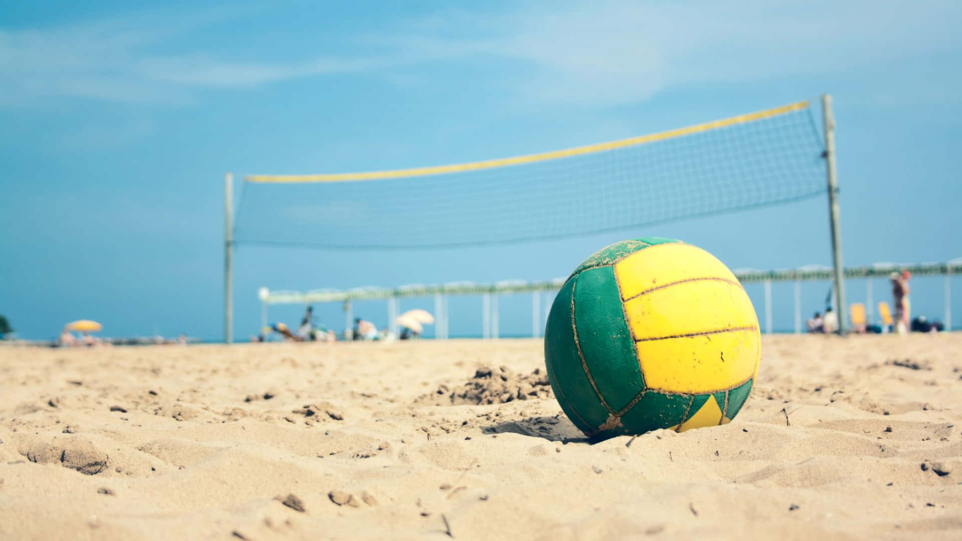 green and yellow volleyball, warm sand, beach volleyball net, Full HD Desktop Wallpaper