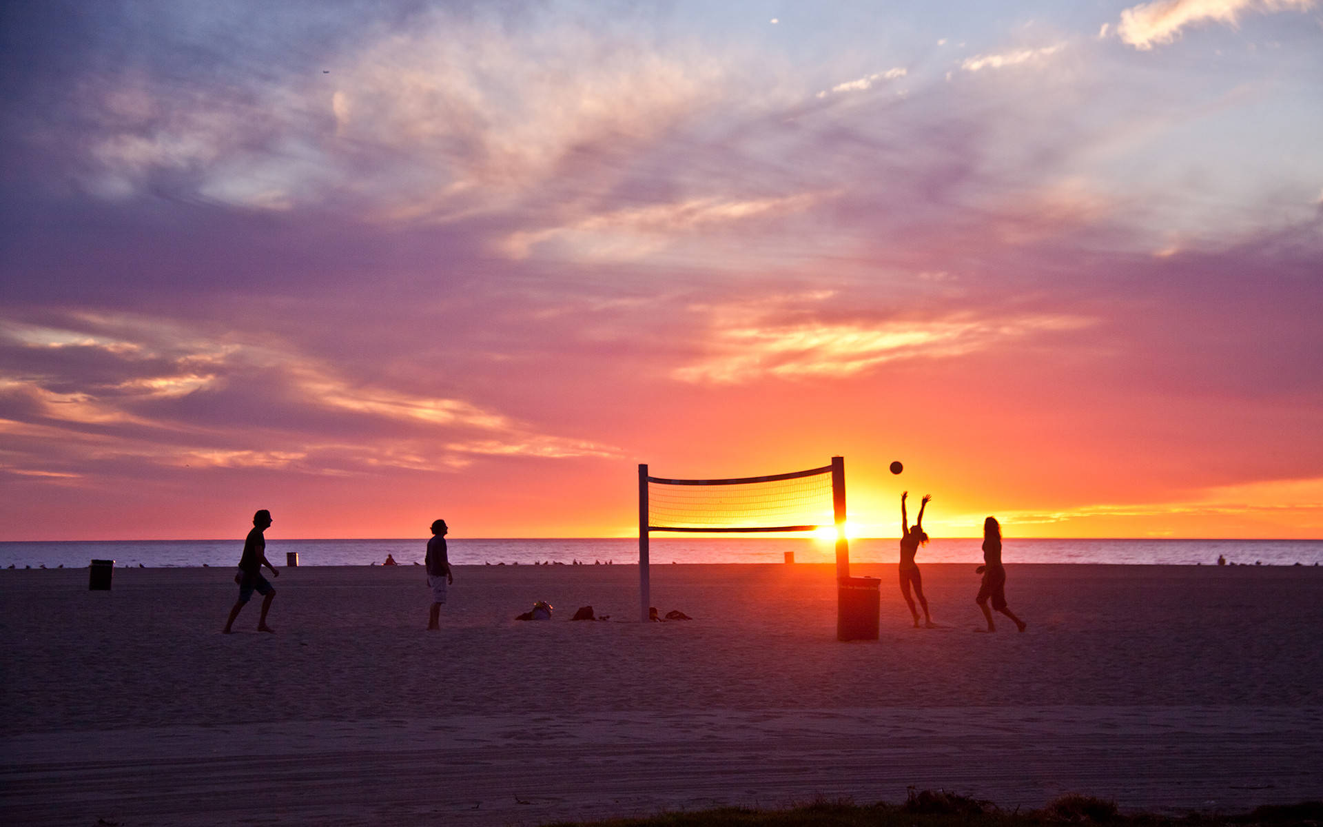 beach volleyball, setting sun, silhouette, Full HD Desktop Wallpaper