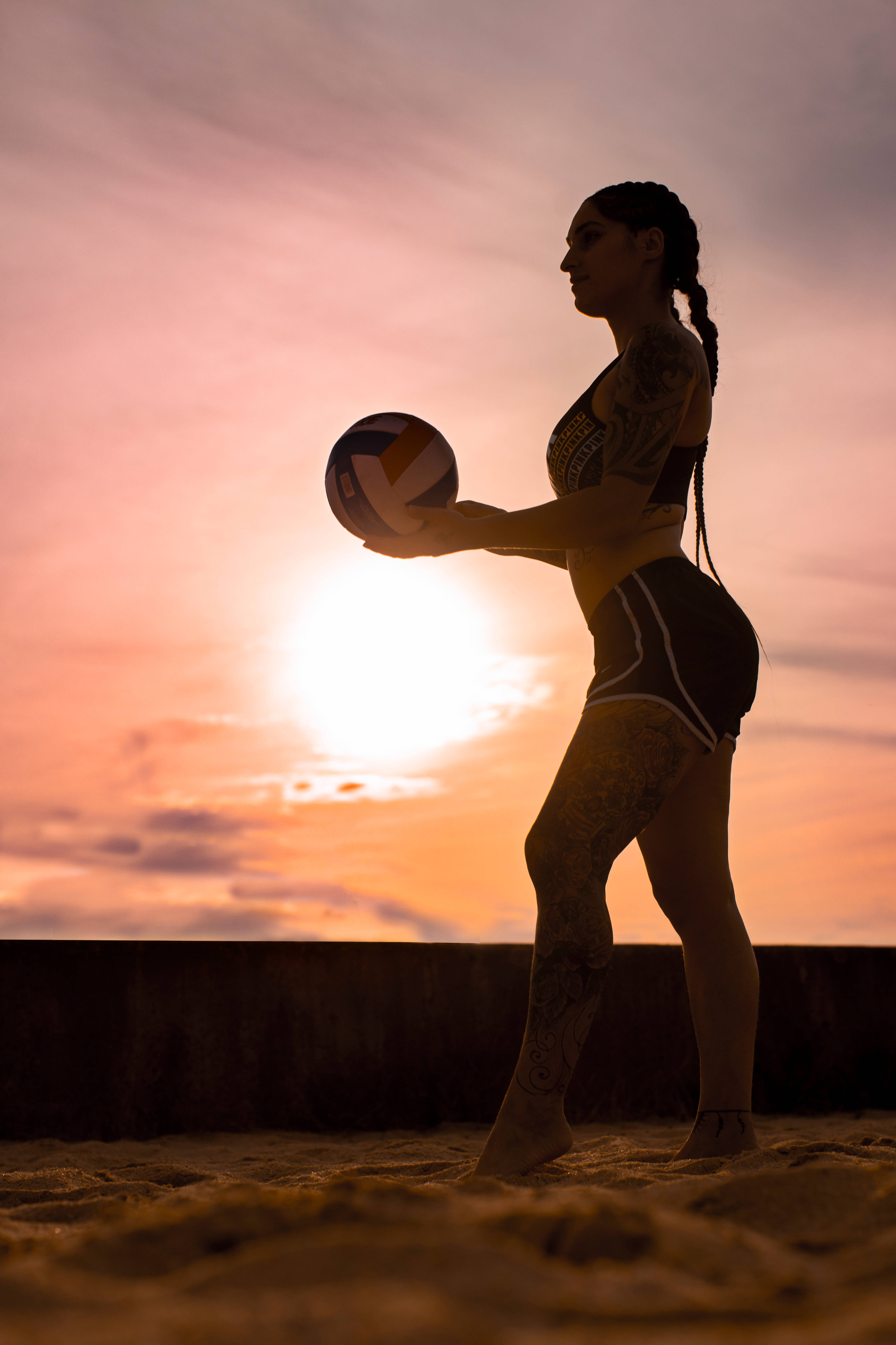 volleyball player silhouette, tattooed woman, volleyball, 5K Phone Wallpaper