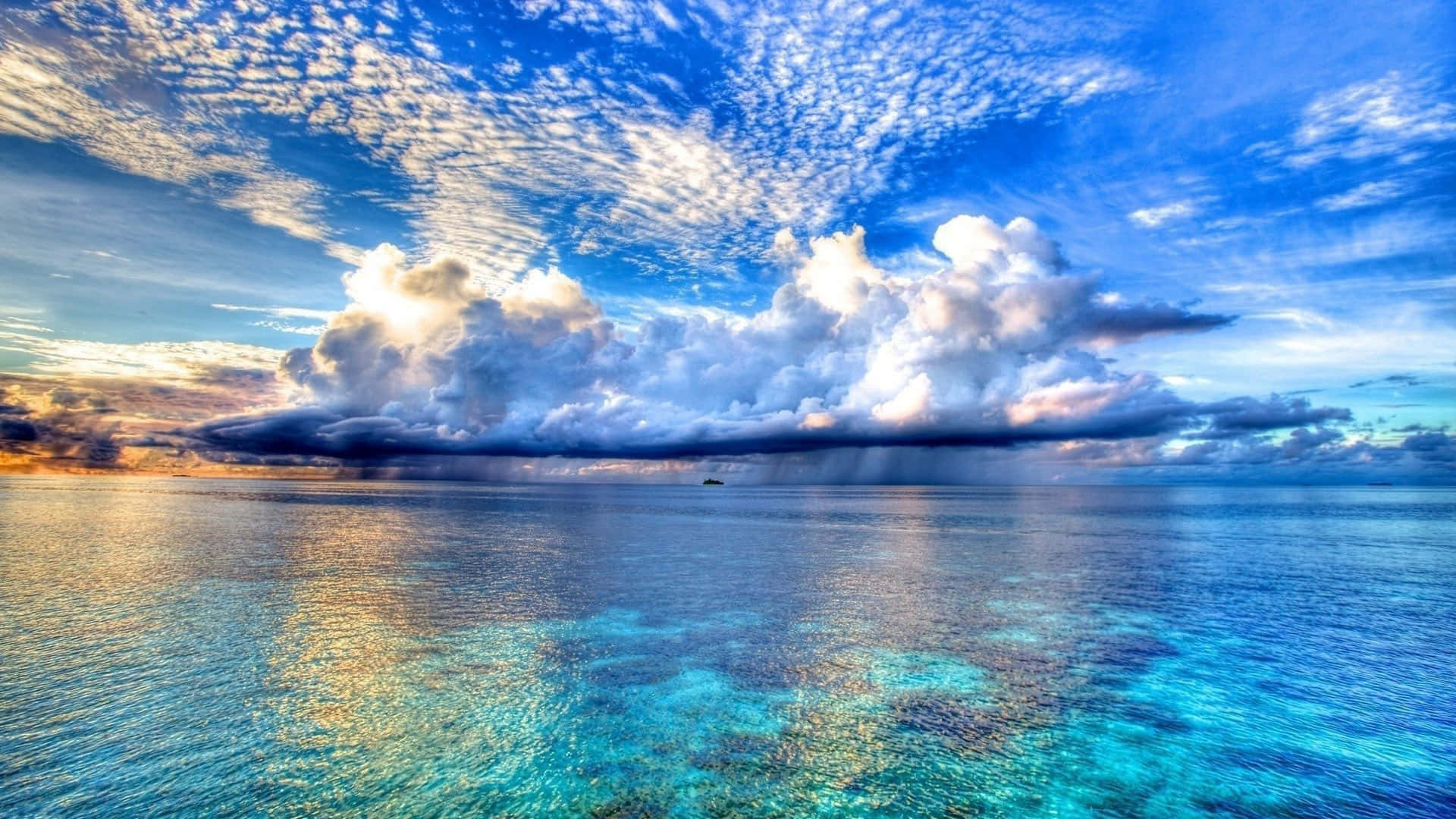 turquoise ocean, dramatic sky, fluffy white clouds, Full HD Desktop Wallpaper