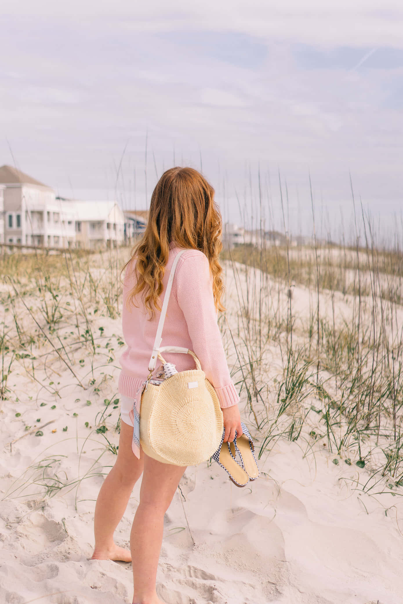 pink sweater, sandy beach, dune grass, Full HD Phone Wallpaper