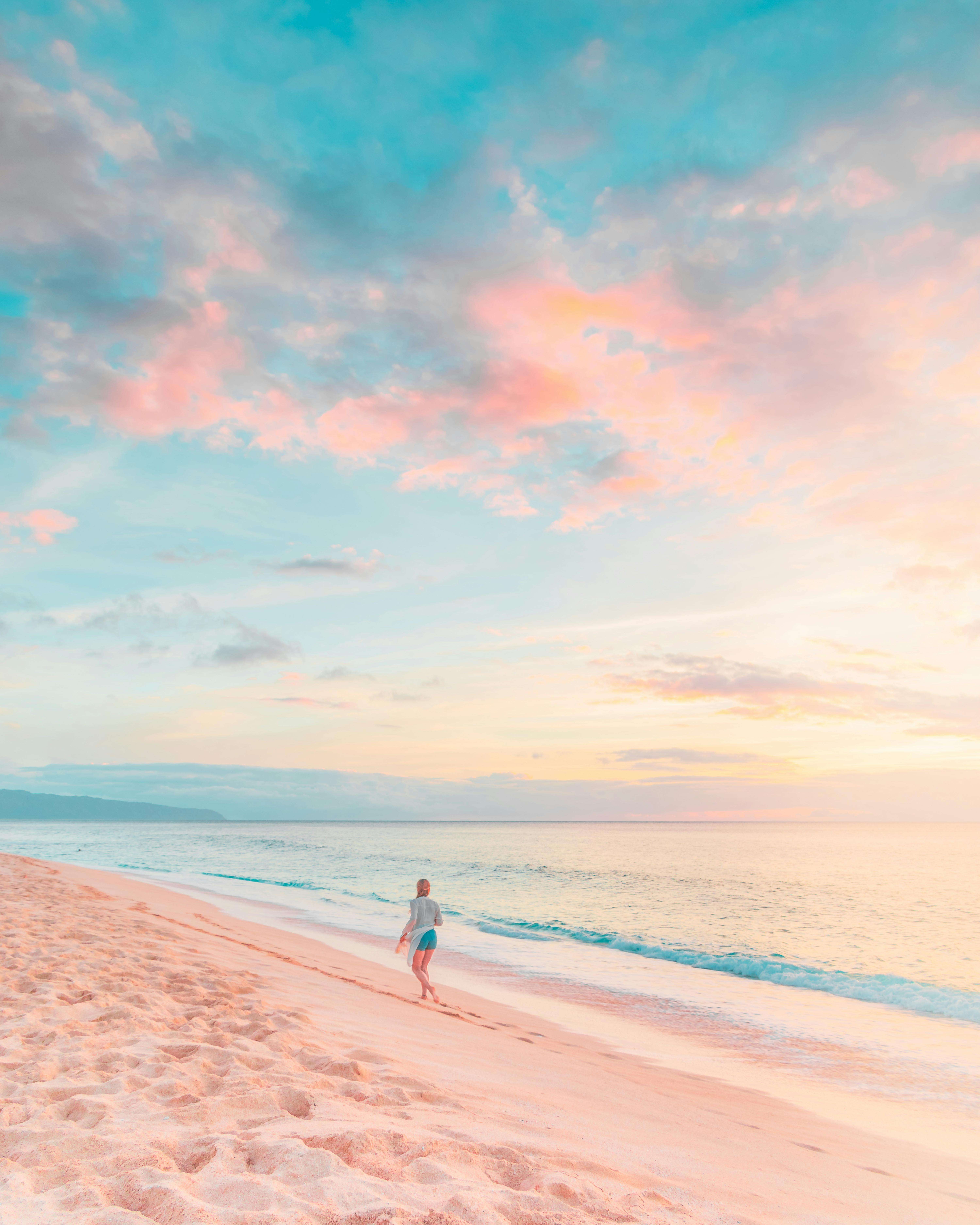 pastel sunset, pink sand beach, pastel clouds, 5K Phone Wallpaper