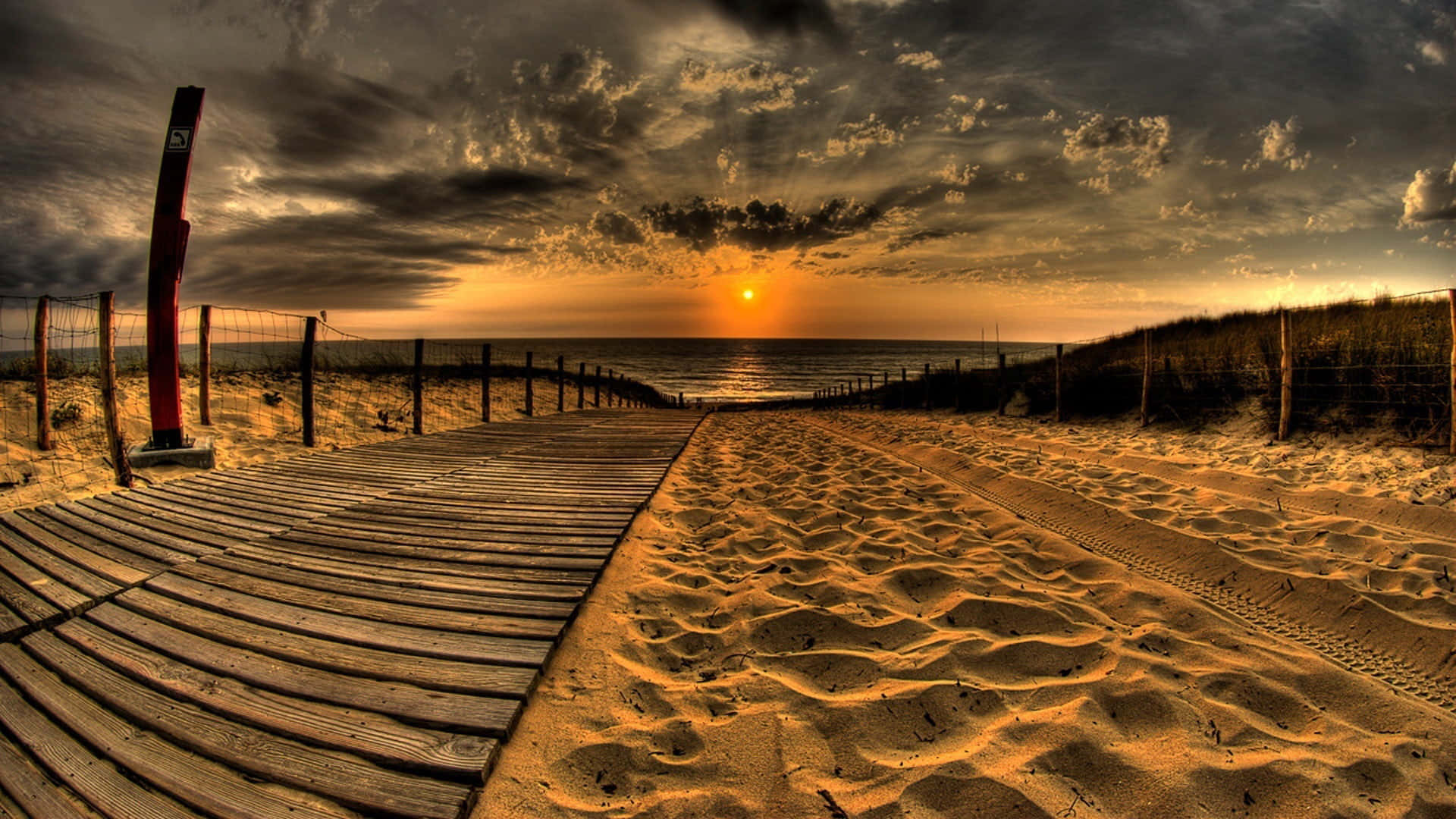 wooden walkways, sea, dramatic sunset, Full HD Desktop Wallpaper