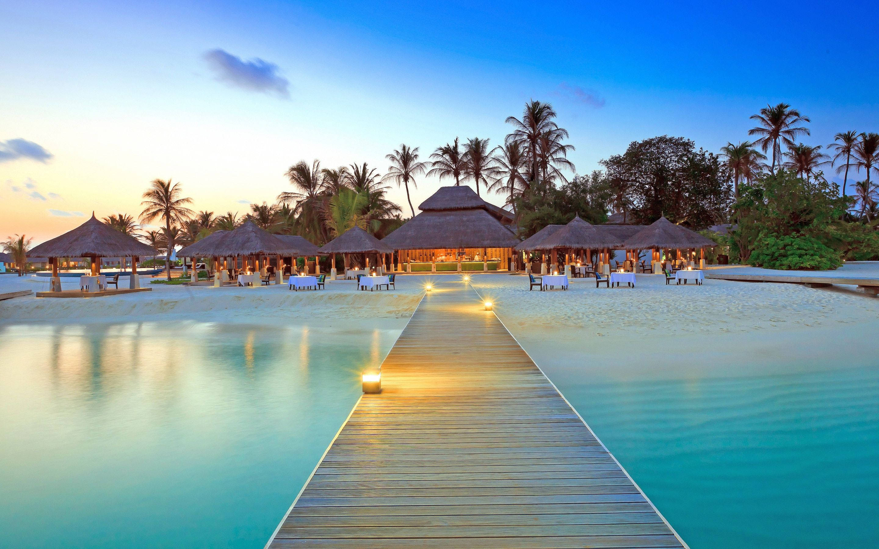 wooden walkway, beach resort, turquoise lagoon, 2K Desktop Wallpaper