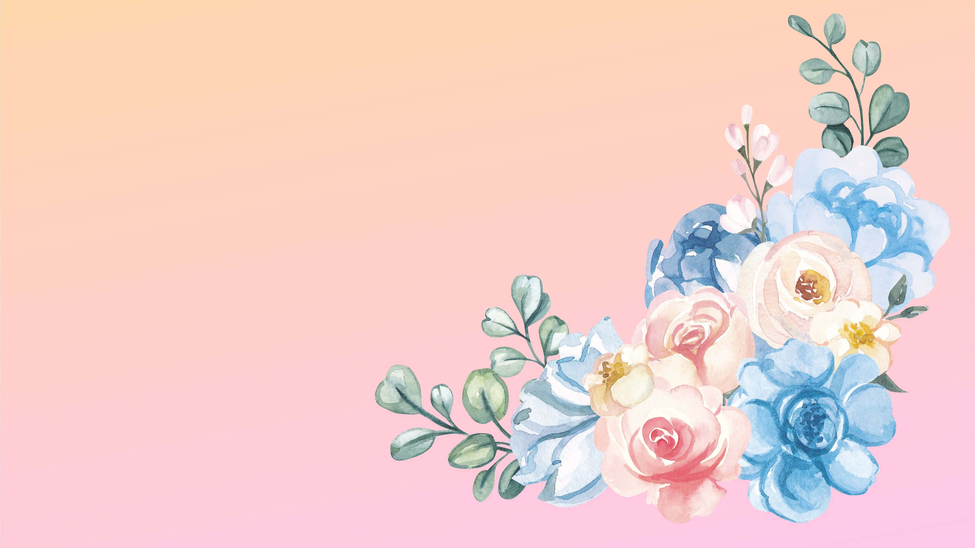 beachside walk, watercolor floral arrangement, blue pink and green hues, 2K Desktop Wallpaper