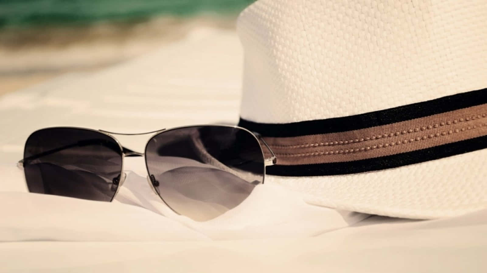 white straw hat, black and tan band, aviator sunglasses, HD Desktop Wallpaper