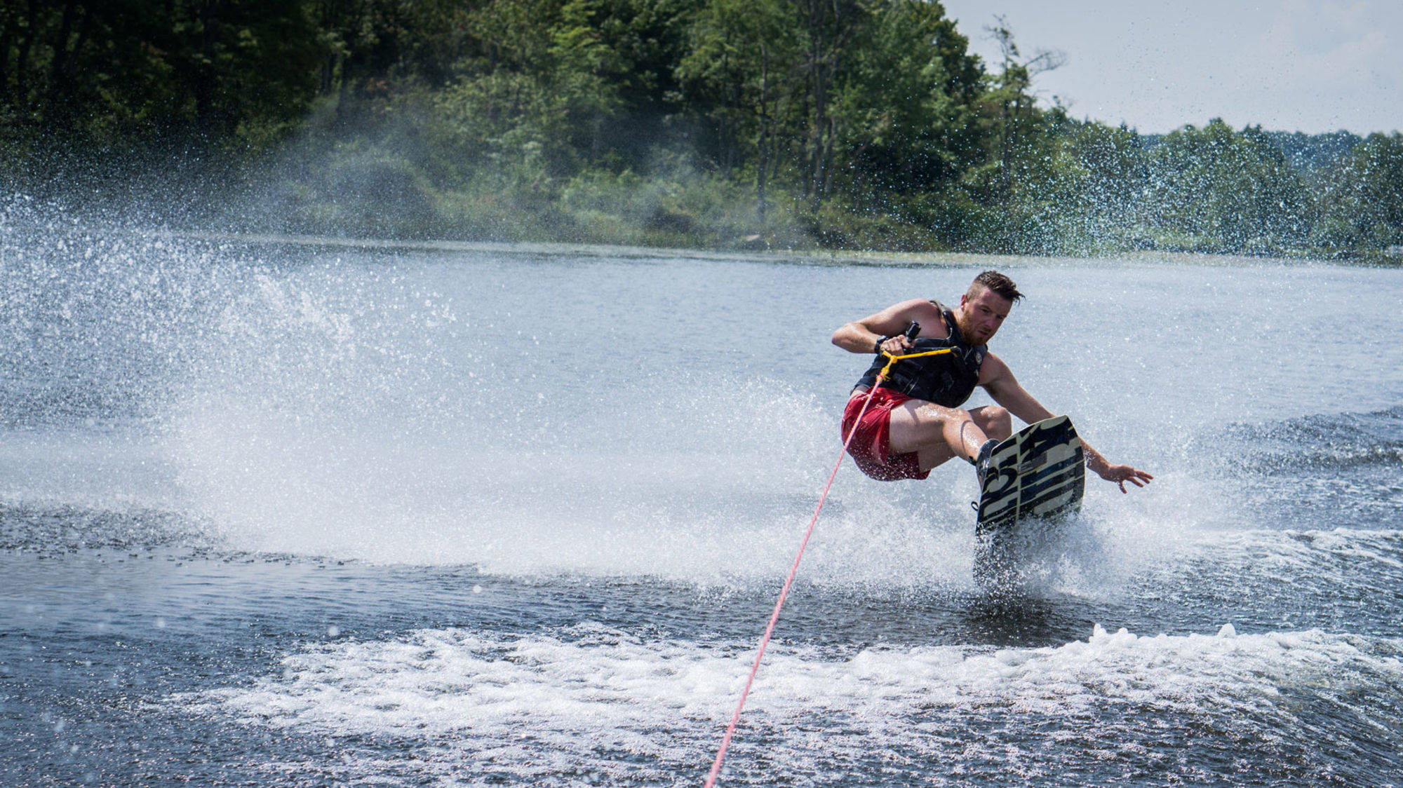 wakeboard, lake, red shorts, Full HD Desktop Wallpaper
