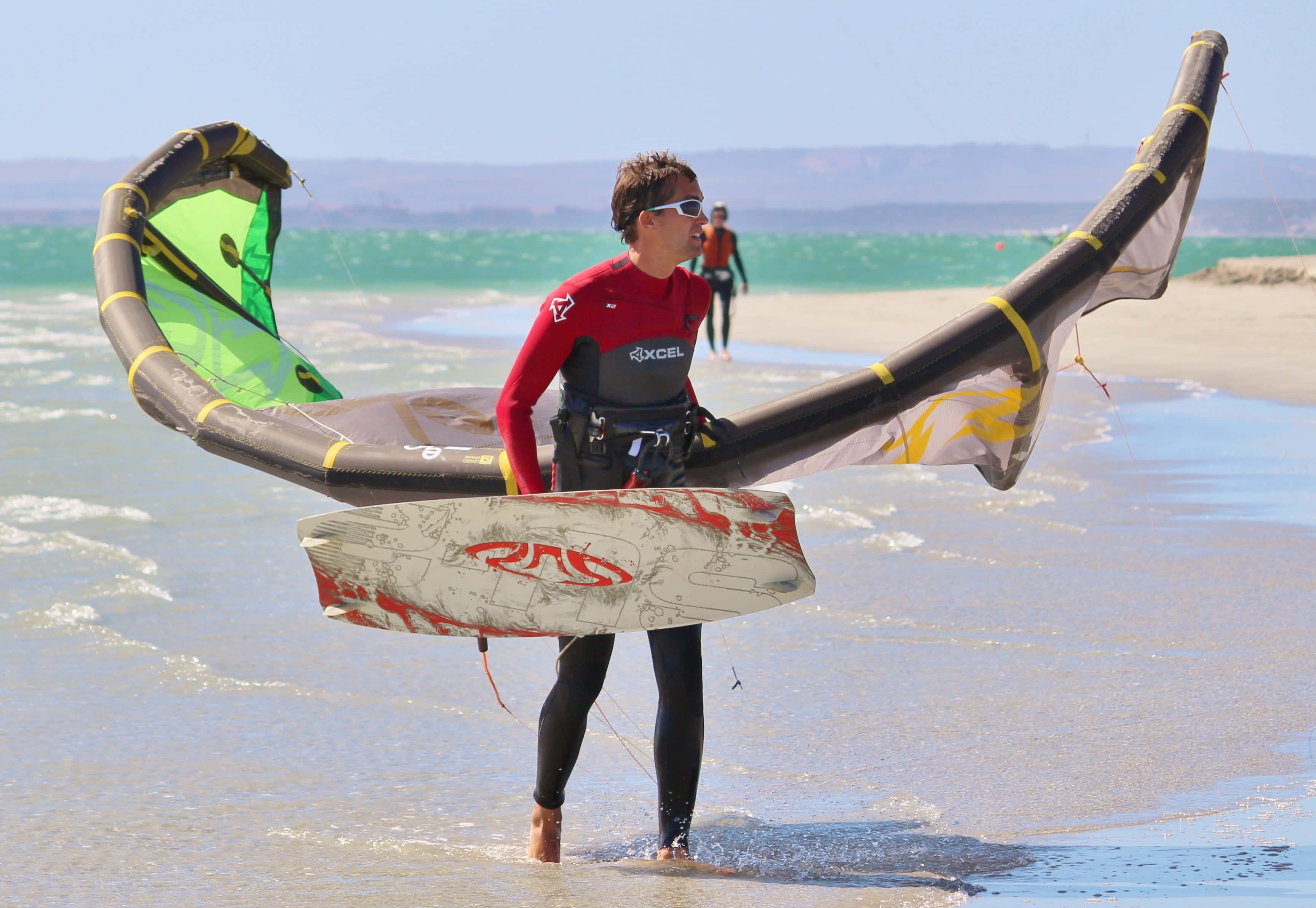 kitesurfer, red wetsuit, large kite, 2K Desktop Wallpaper