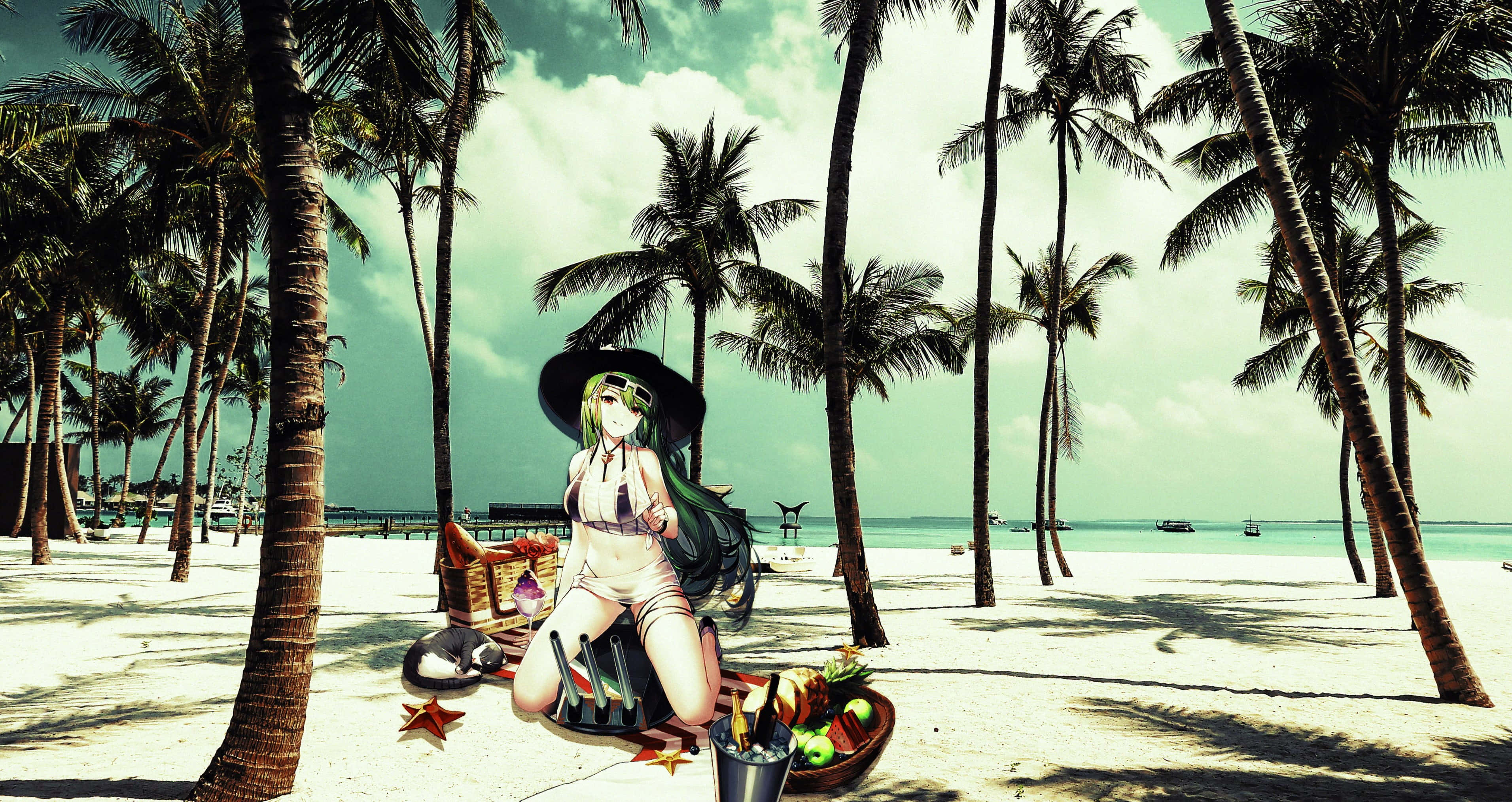 anime girl, green hair, wide-brimmed hat, 2K Desktop Wallpaper