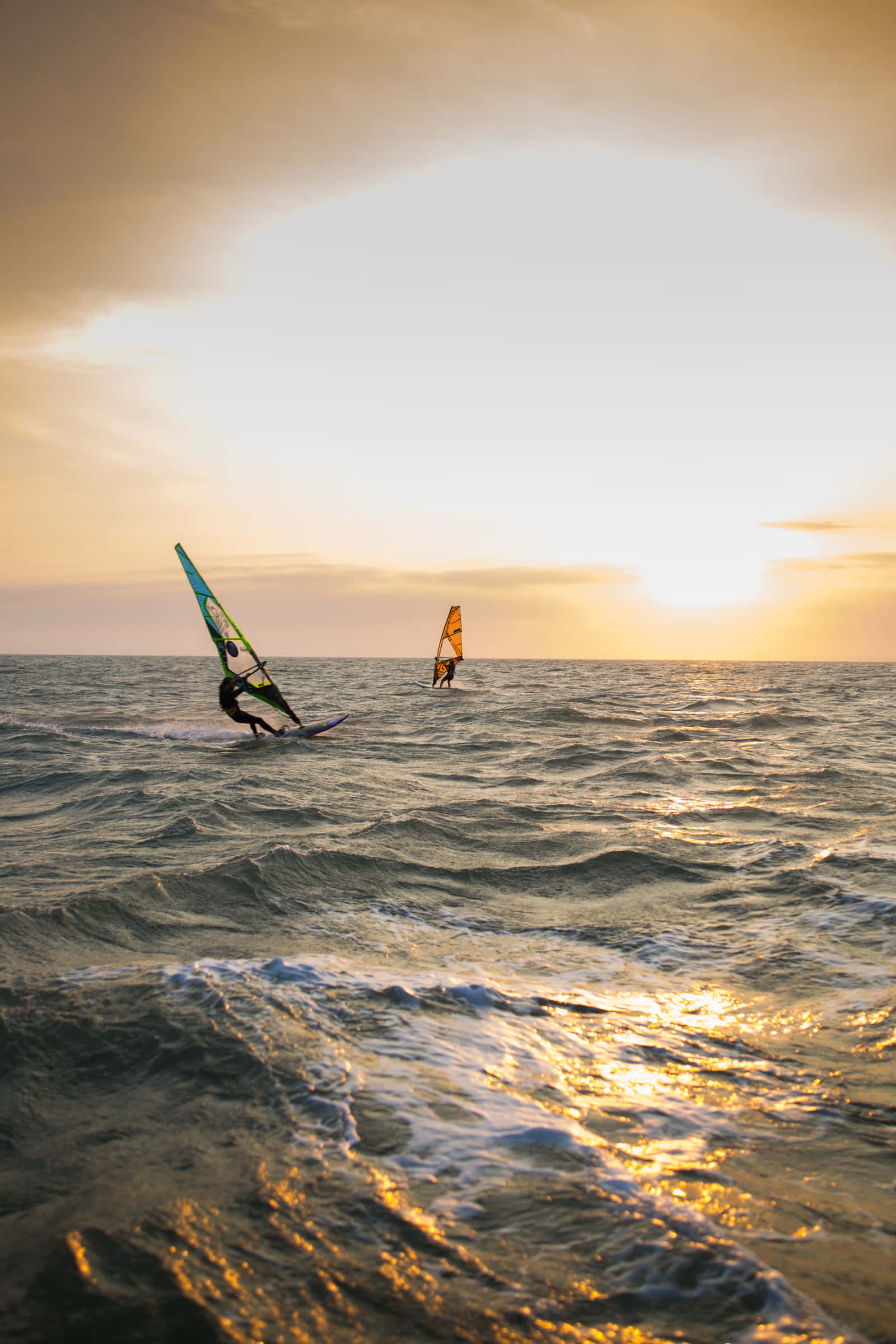 beach water sports, windsurfers, golden-hued ocean waves, Full HD Phone Wallpaper