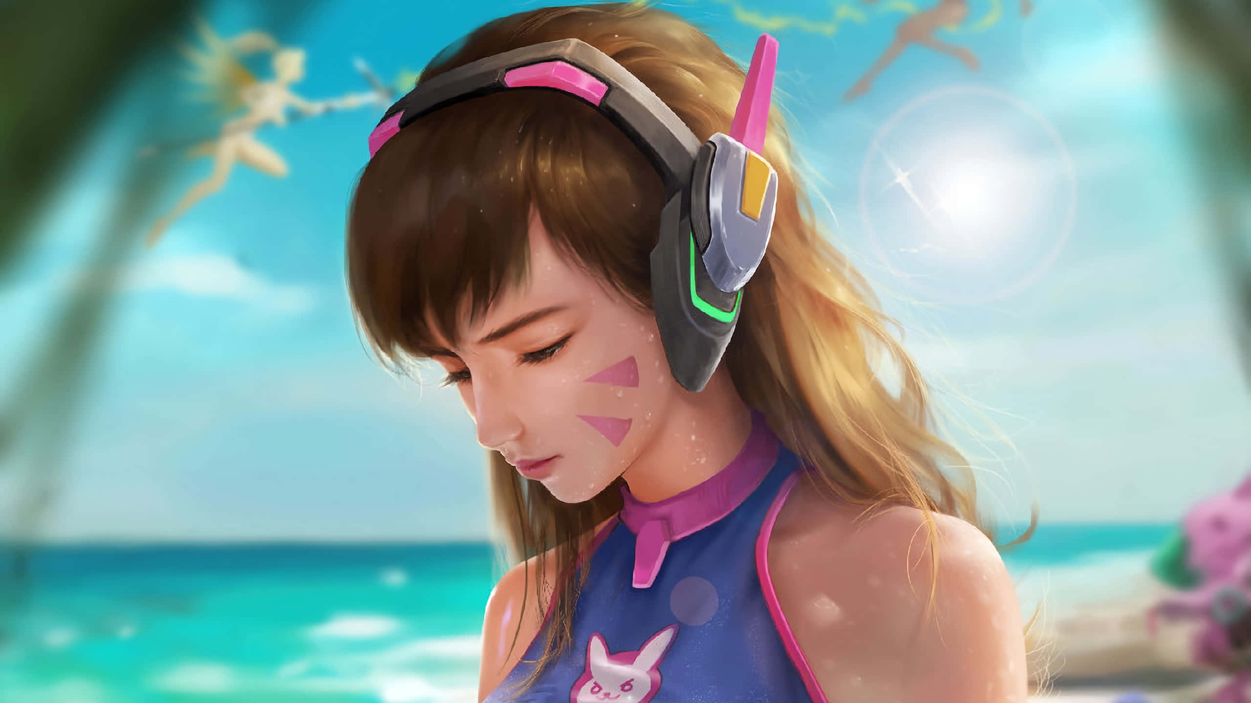 anime girl, headphones, sunny beach, 2K Desktop Wallpaper
