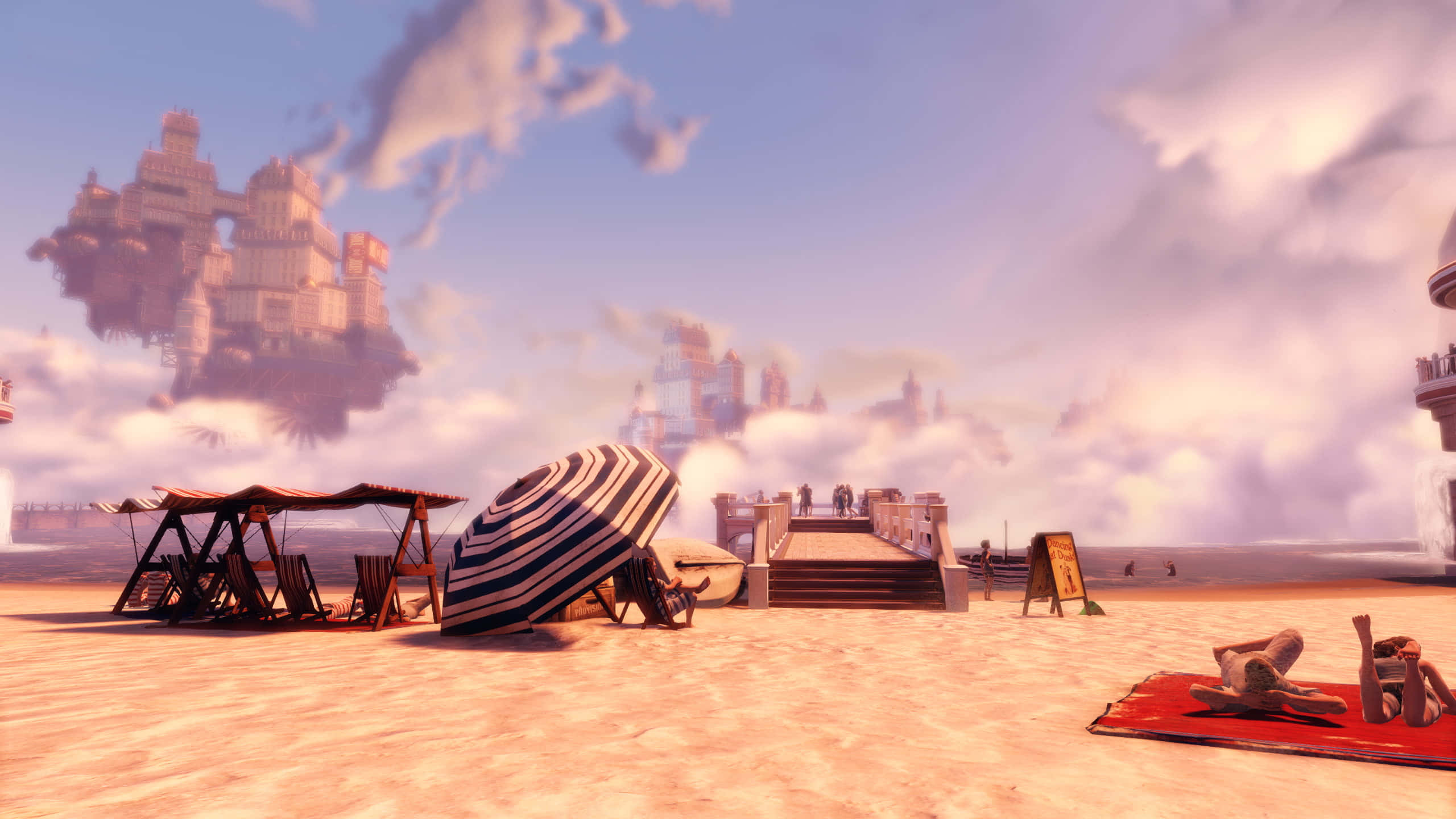 beach games, surreal beach scene, floating castle ruins, 2K Desktop Wallpaper