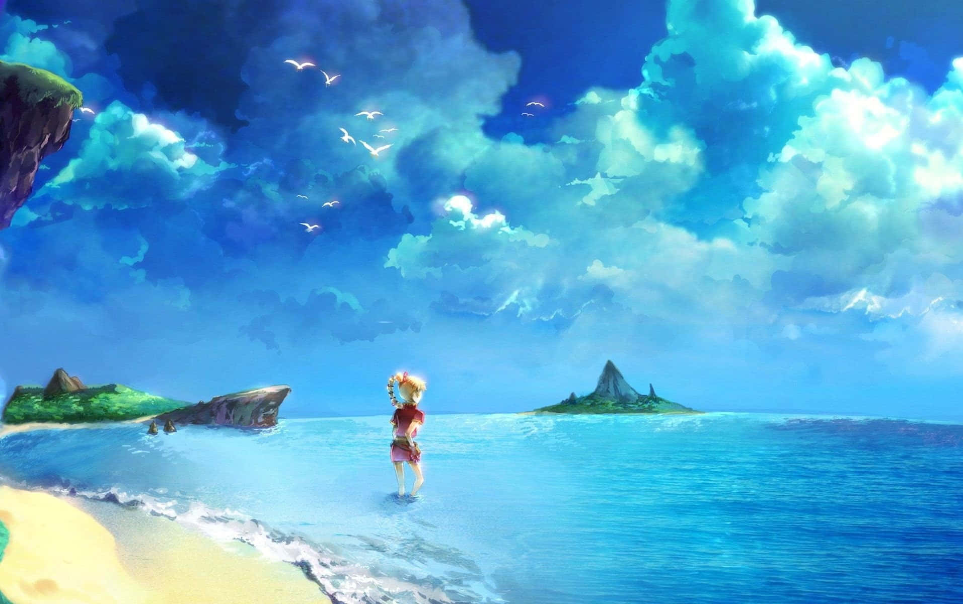 anime girl, shallow turquoise waters, distant islands, HD Desktop Wallpaper