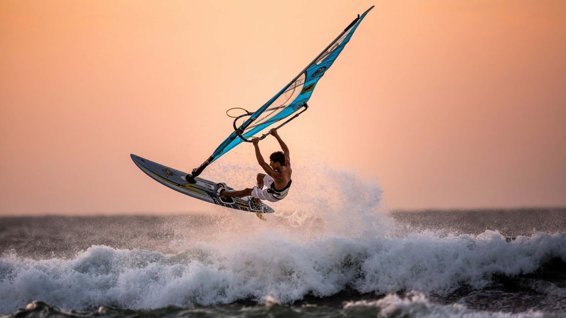 windsurfer, crashing wave, sunset, Full HD Desktop Wallpaper