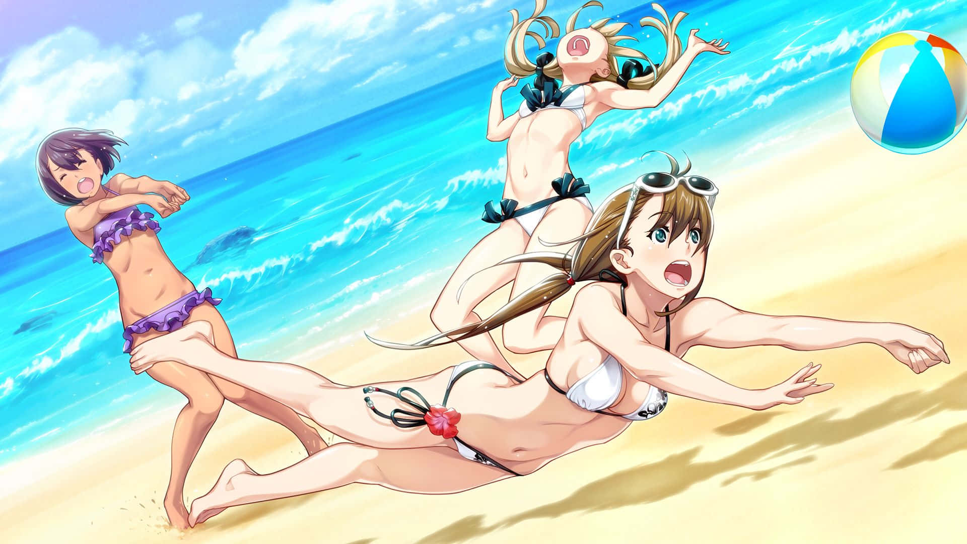 beachside frolic, anime style, three anime girls, Full HD Desktop Wallpaper