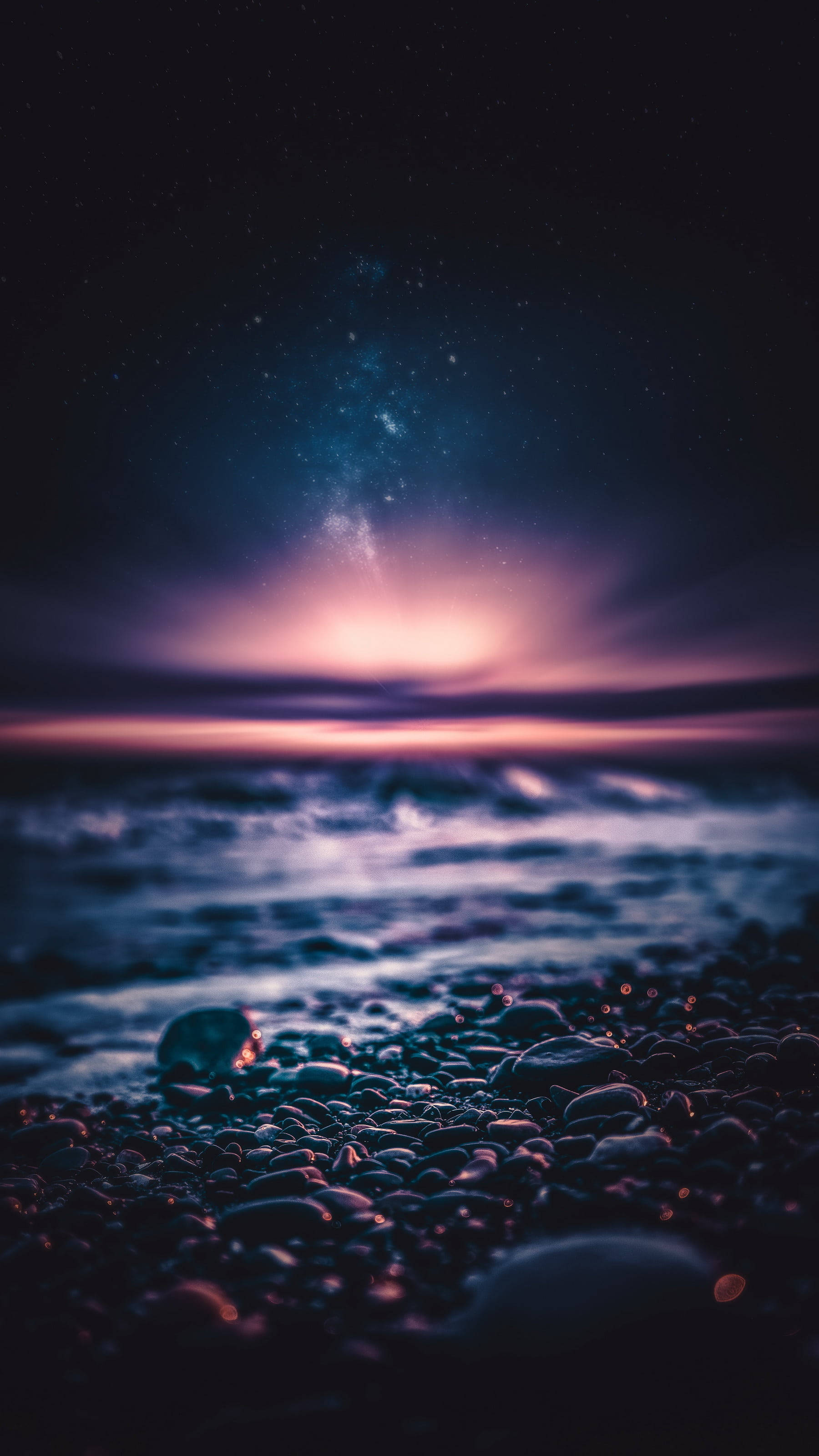 Purple Horizon, light beach wave, starry night sky, 2K Phone Wallpaper