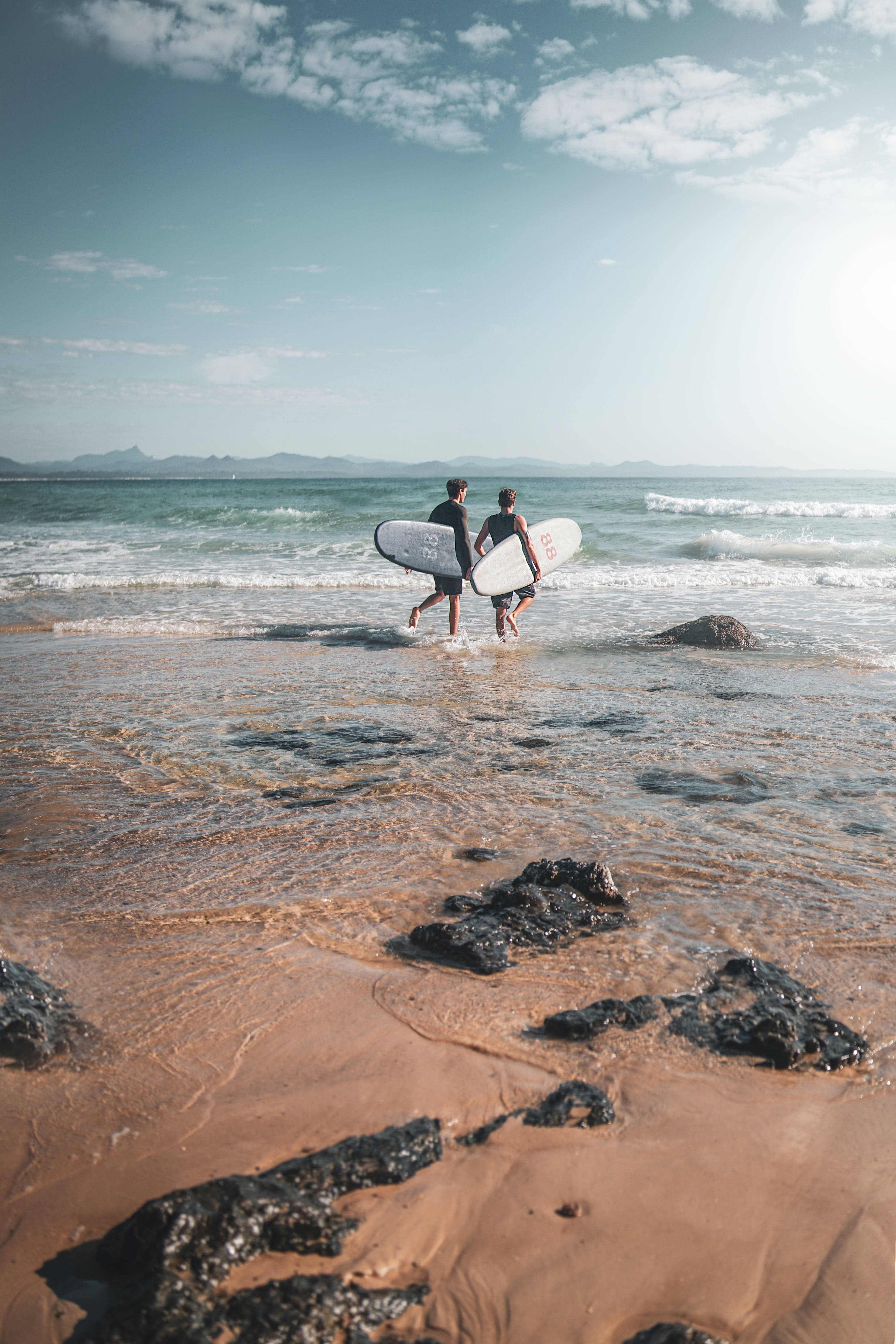 surfers, beach wave, turquoise ocean waves, 5K Phone Wallpaper