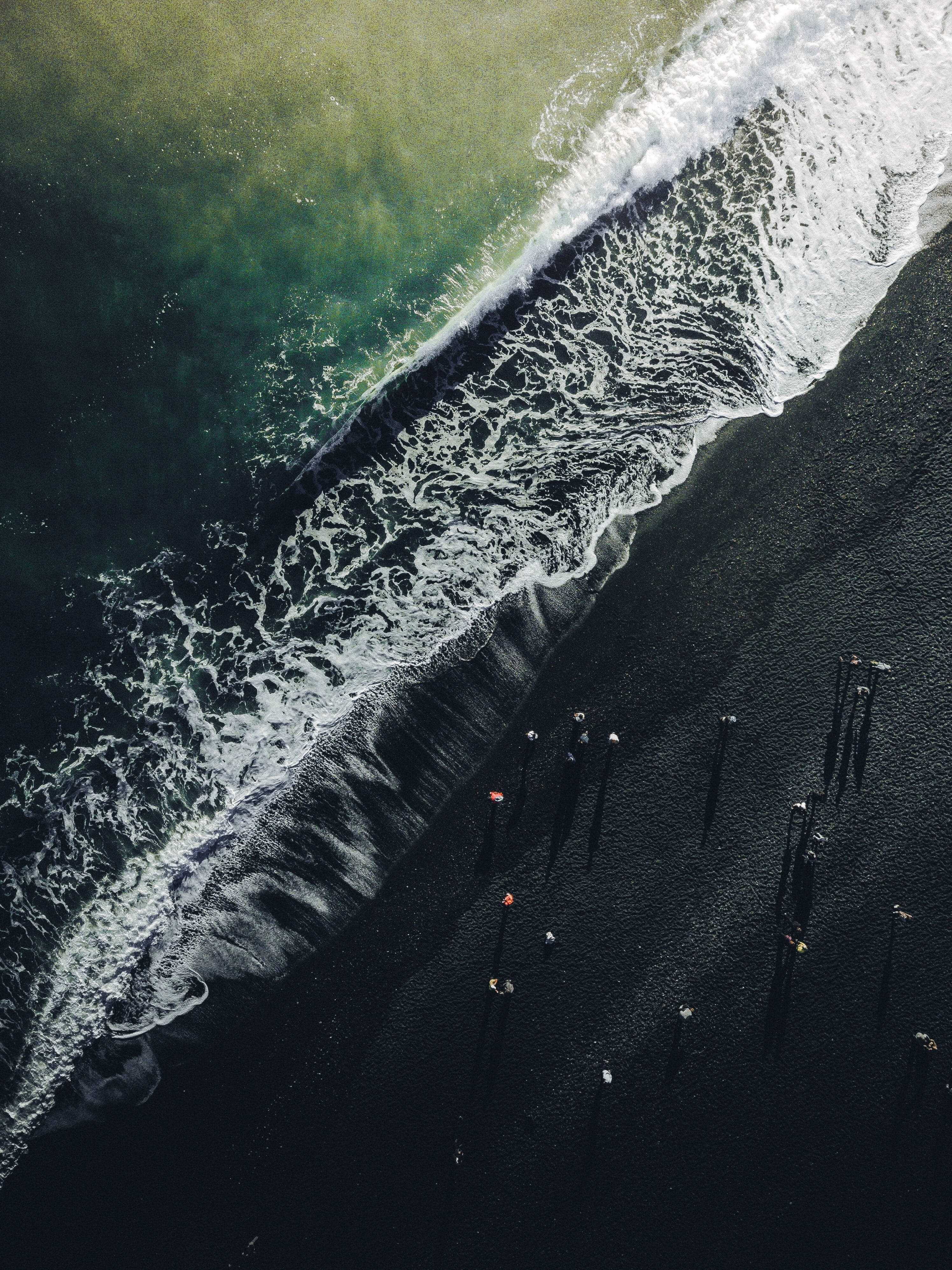 Beach Wave iPhone, turquoise waves, stark black volcanic beach, 4K Phone Wallpaper