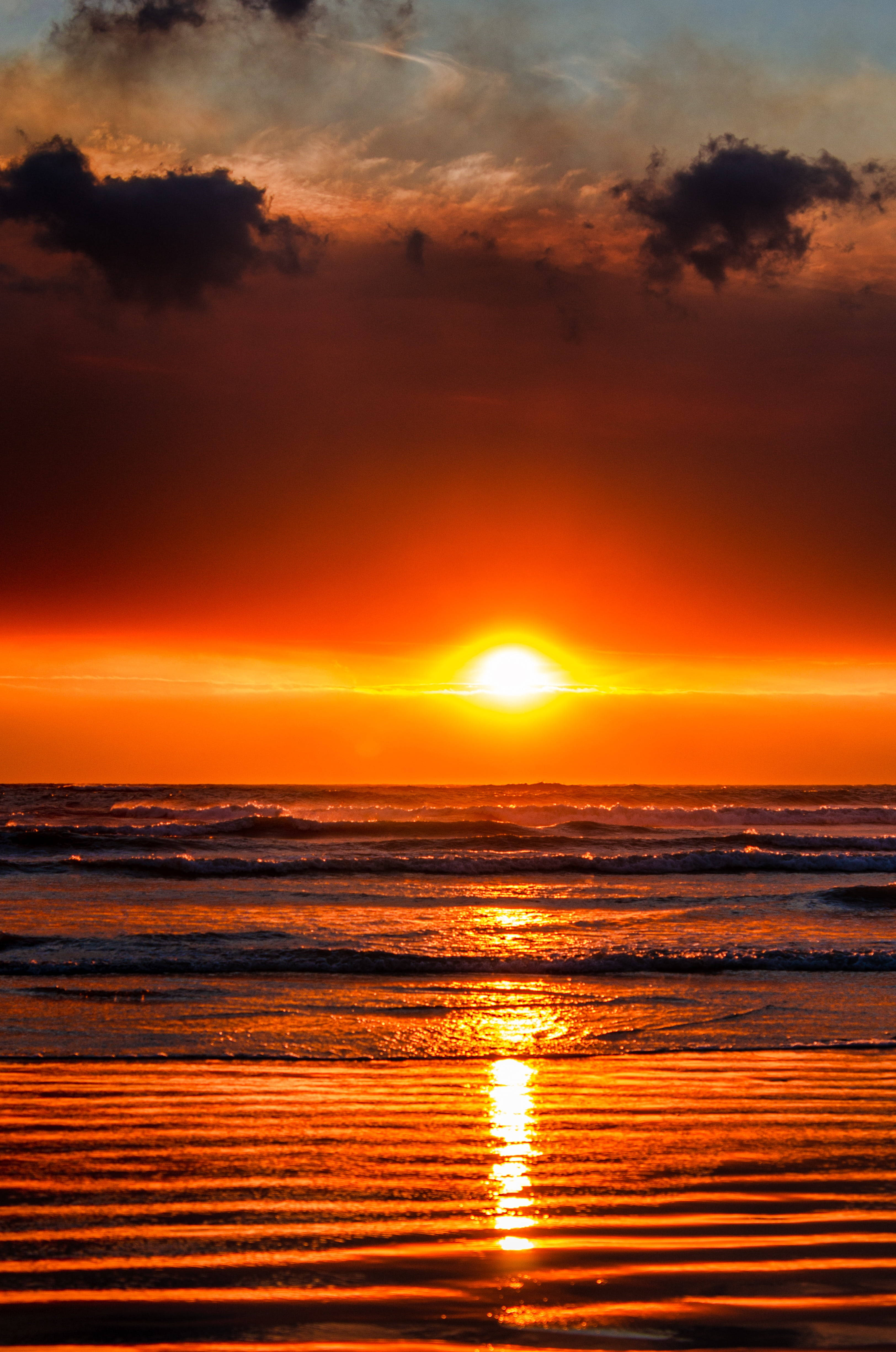 Golden Sunset Beach Wave iPhone, fiery sunset, ocean, 4K Phone Wallpaper