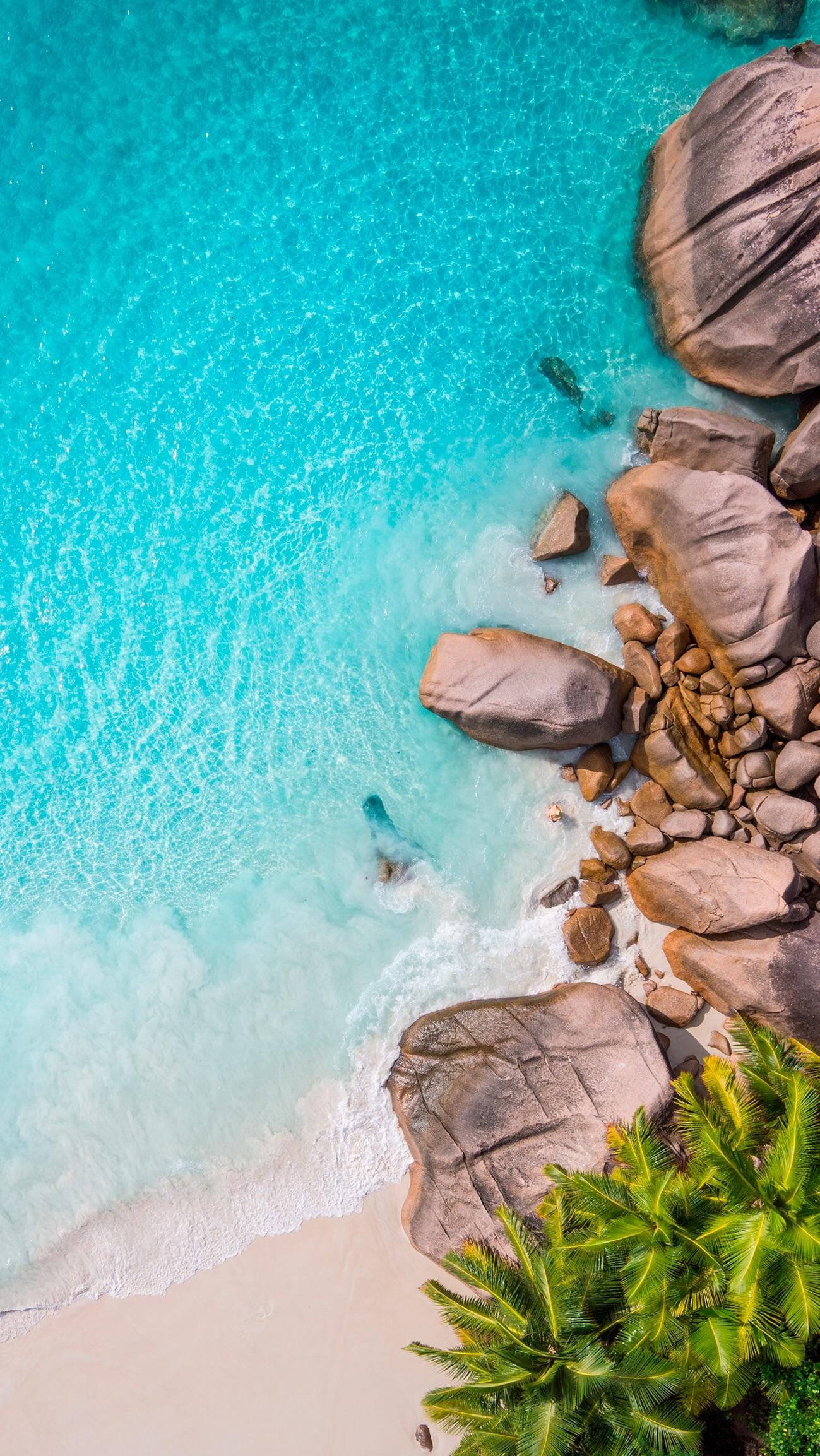 turquoise ocean, pink sand, giant boulders, Full HD Phone Wallpaper