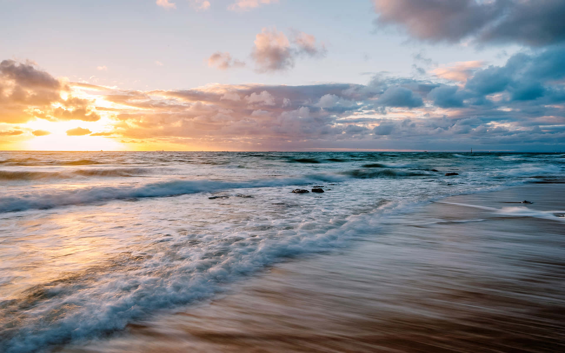 Beach Waves, sunset, warm golds, Full HD Desktop Wallpaper