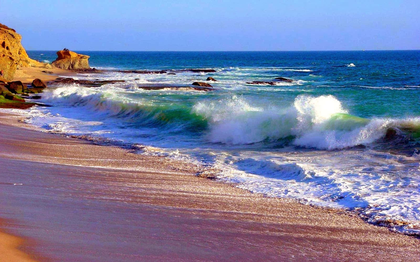 Beach Waves, turquoise waves, sandy beach, HD Desktop Wallpaper