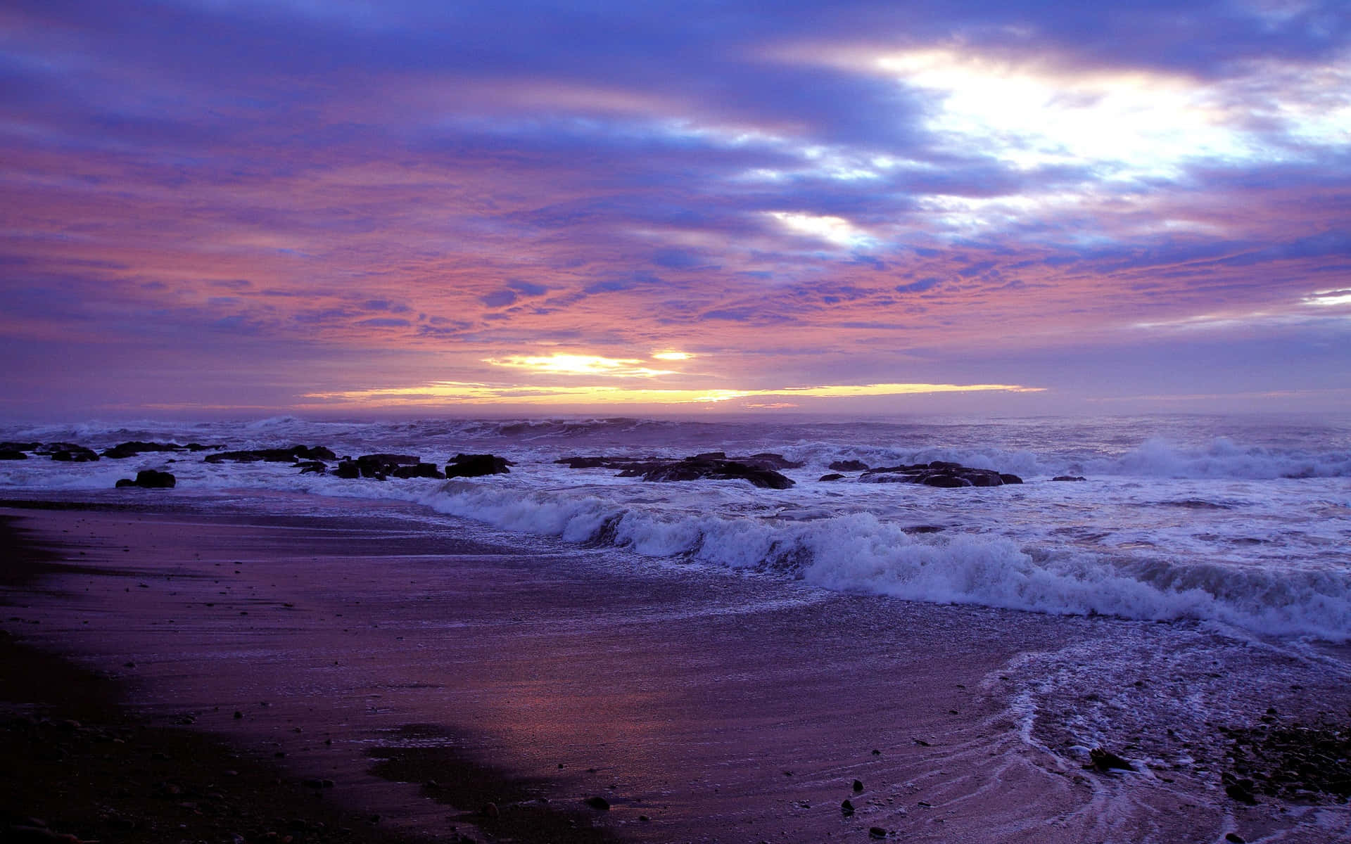 Beach Waves, sunset, purple, Full HD Desktop Wallpaper