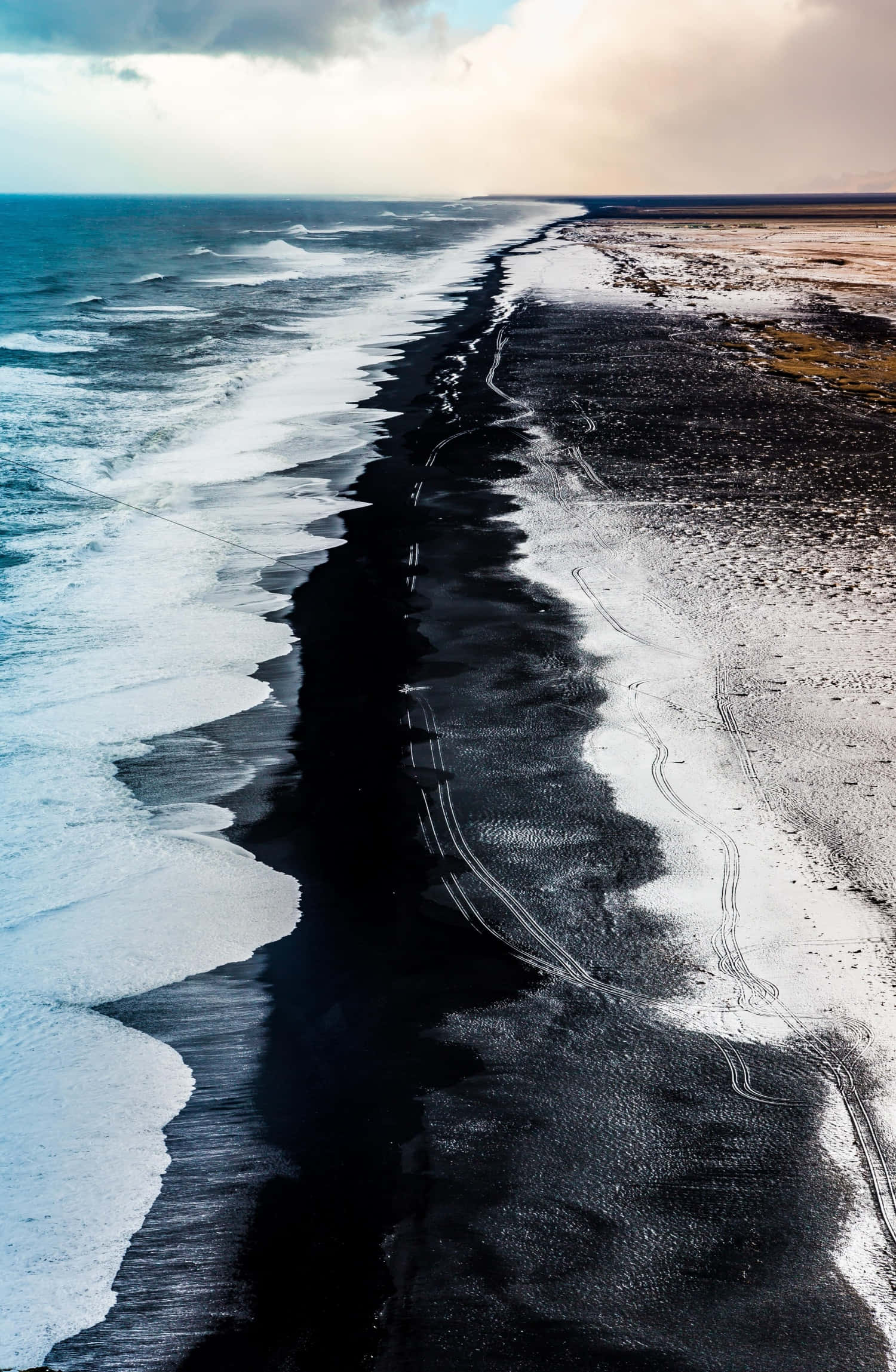 black sand beach, turquoise waves, dark volcanic shores, Full HD Phone Wallpaper