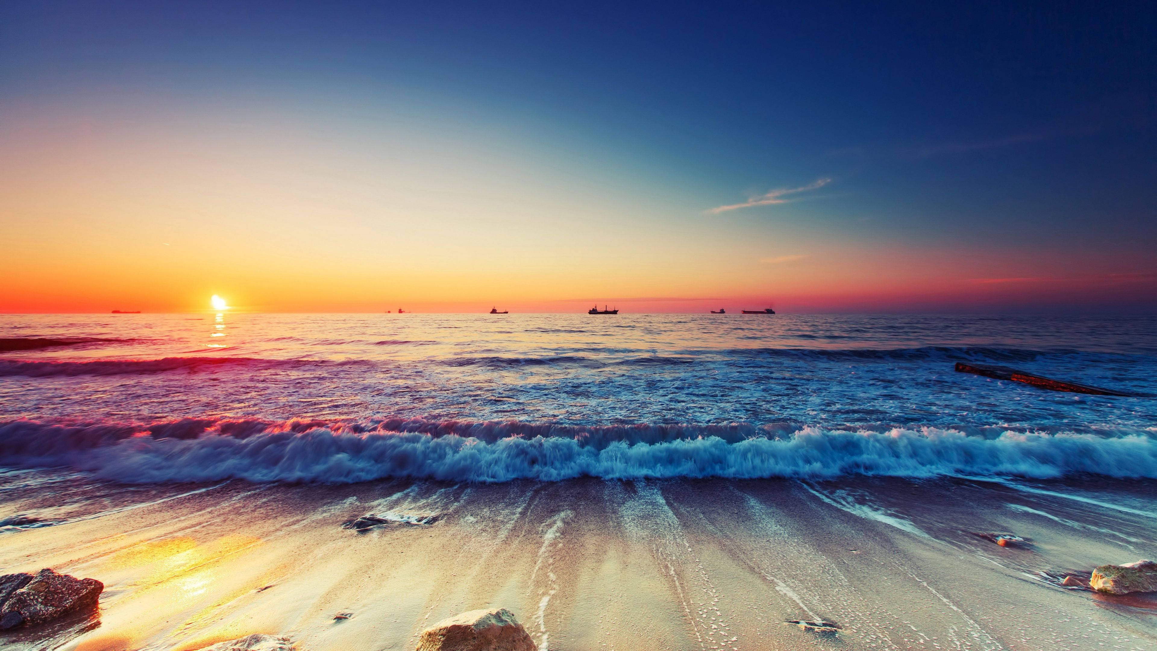Beach Waves Sunrise UHD, sunrise, fiery orange, 4K Desktop Wallpaper