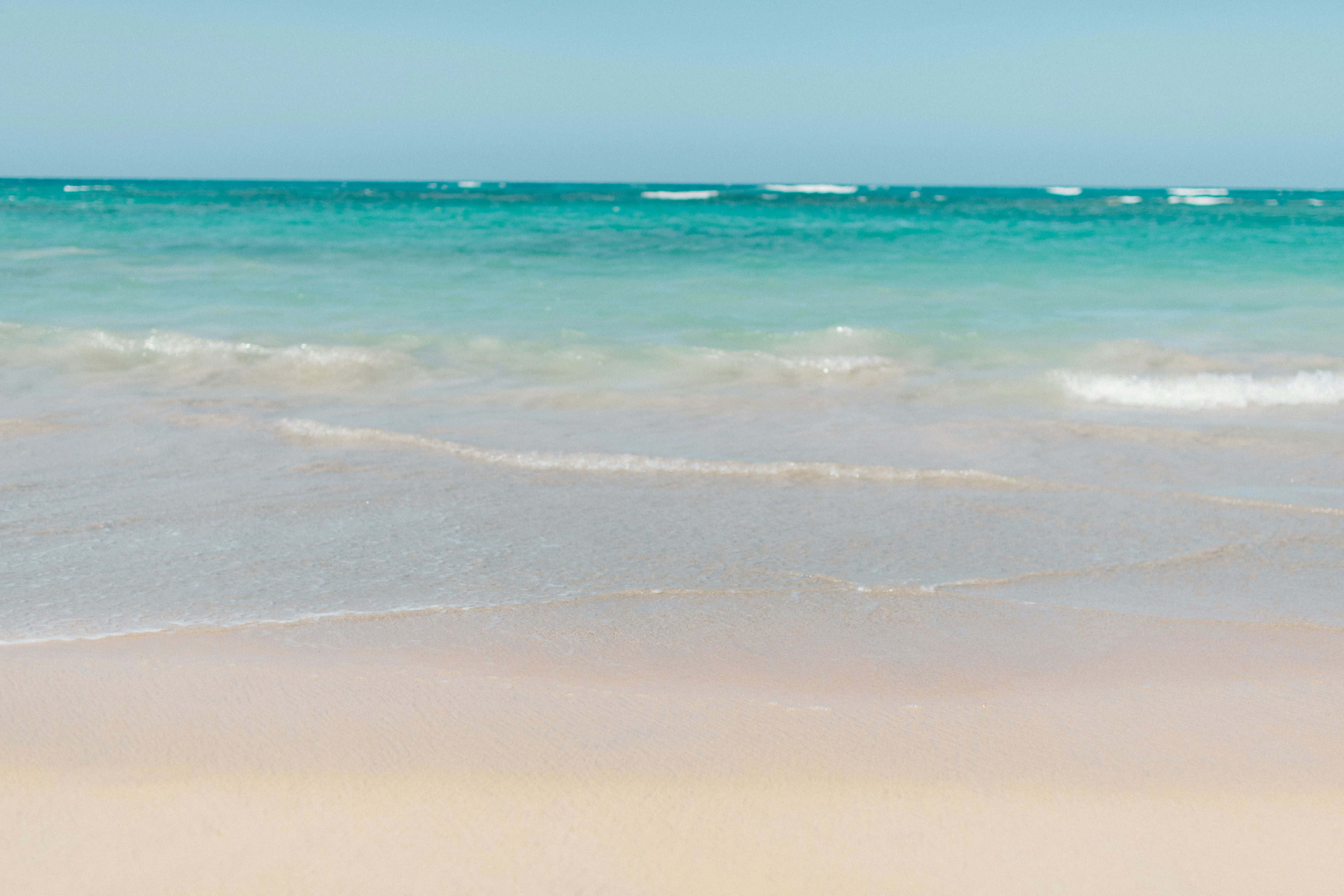 beige beach serenity, soft turquoise waves, pale pink sandy beach, 5K Desktop Wallpaper