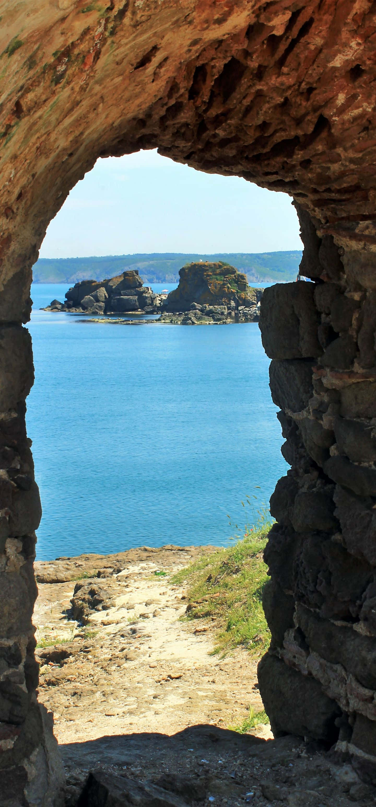 stone arch, blue sea, rocky islets, 2K Phone Wallpaper