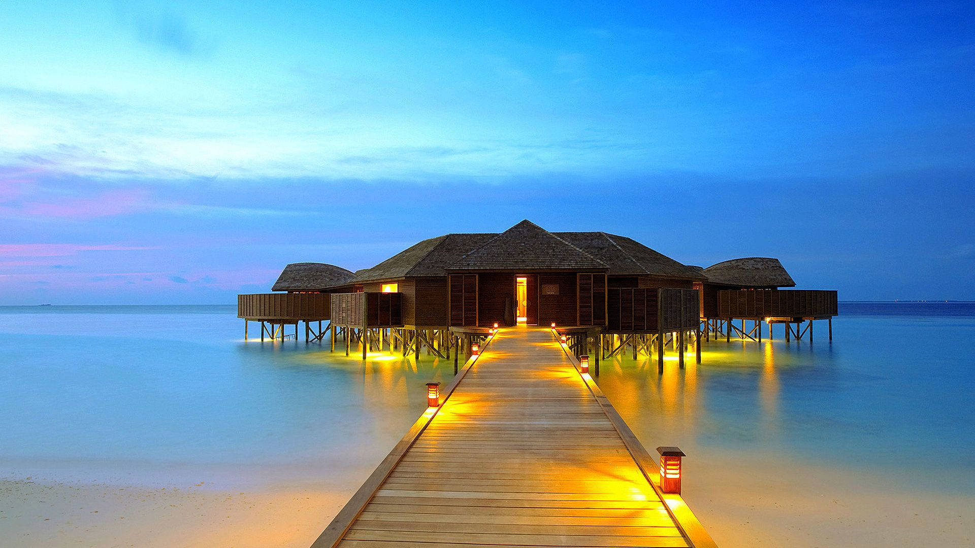 wooden pier, overwater bungalows, twilight, Full HD Desktop Wallpaper