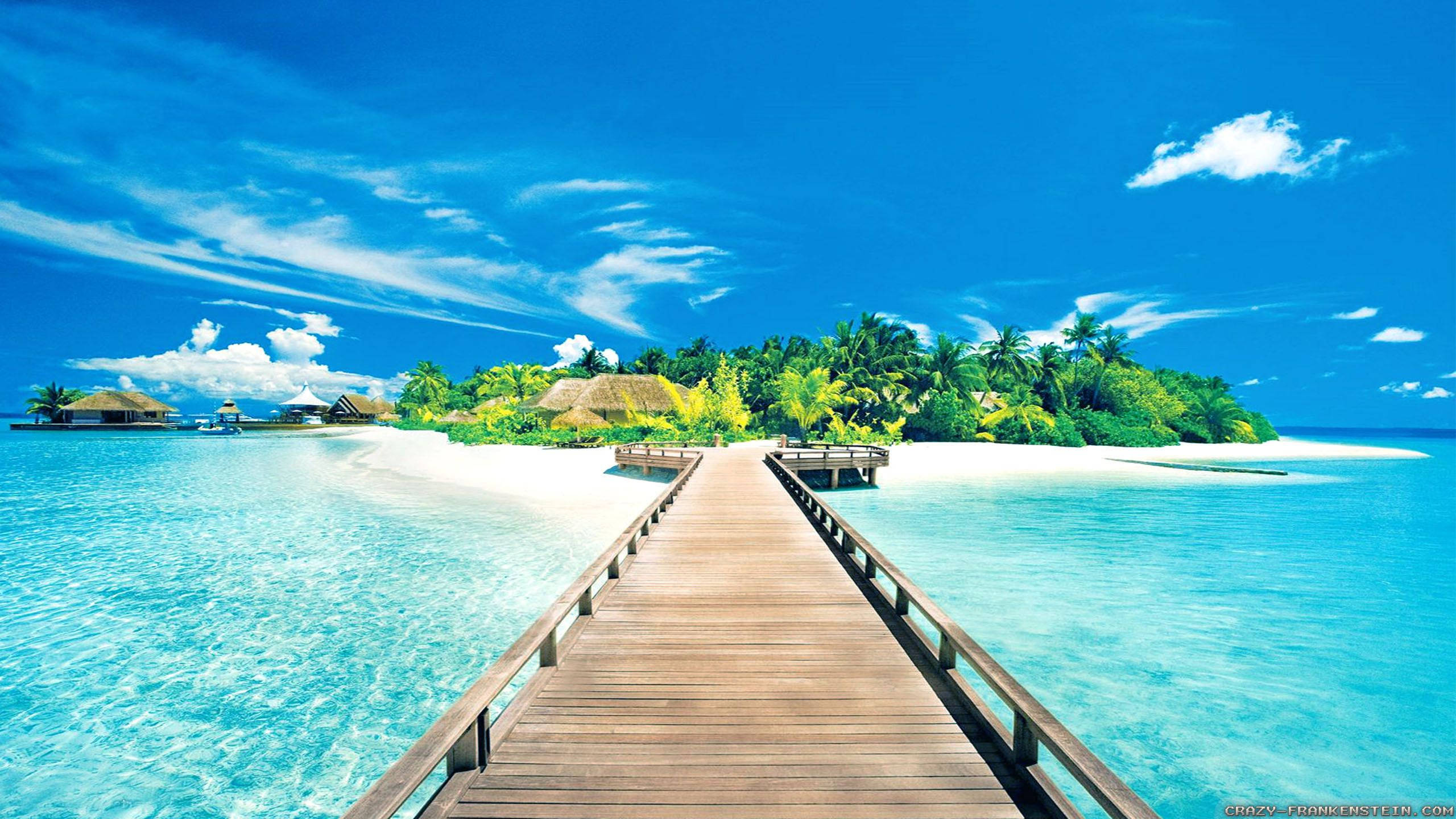 wooden pier, lush tropical island, thatched huts, 2K Desktop Wallpaper