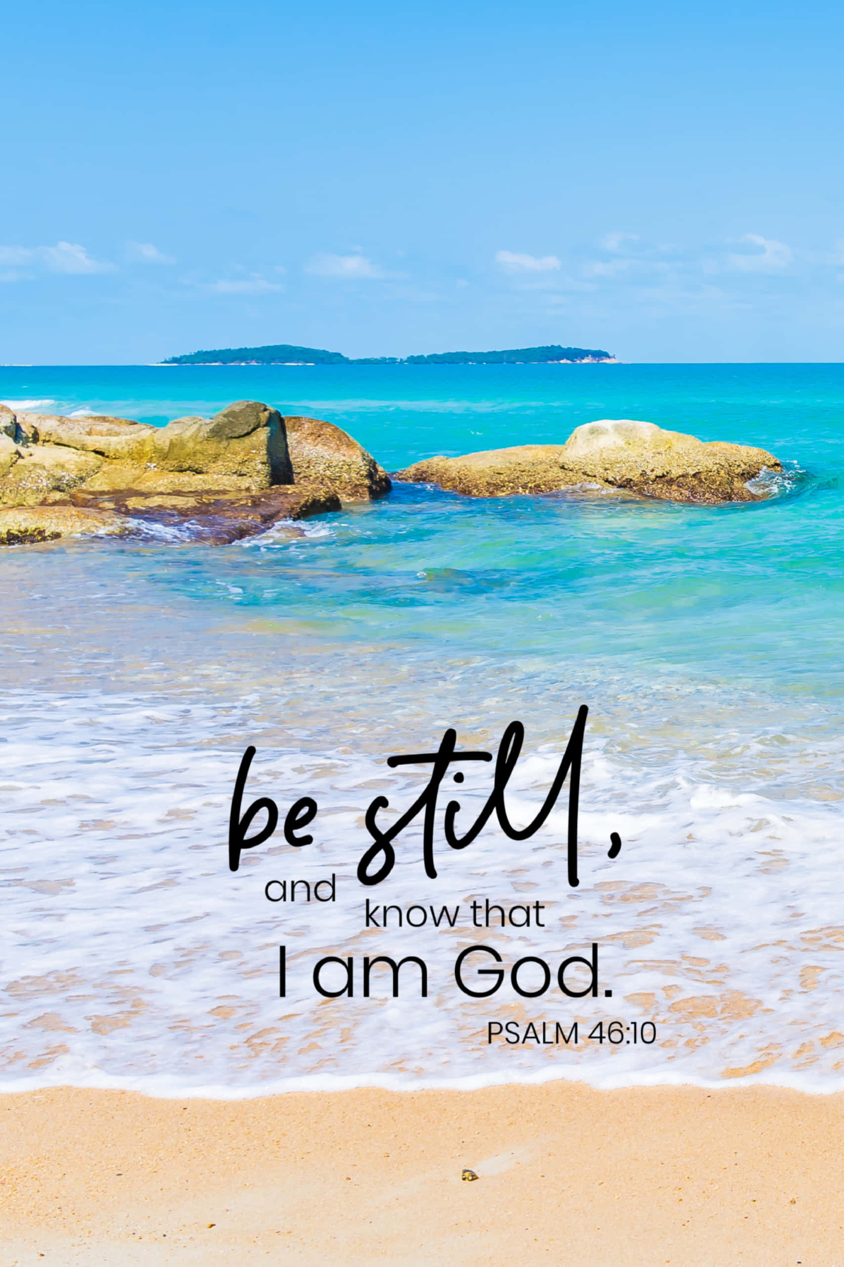 Still Quote Phone, calm turquoise waves, sunlit rocks, 2K Phone Wallpaper