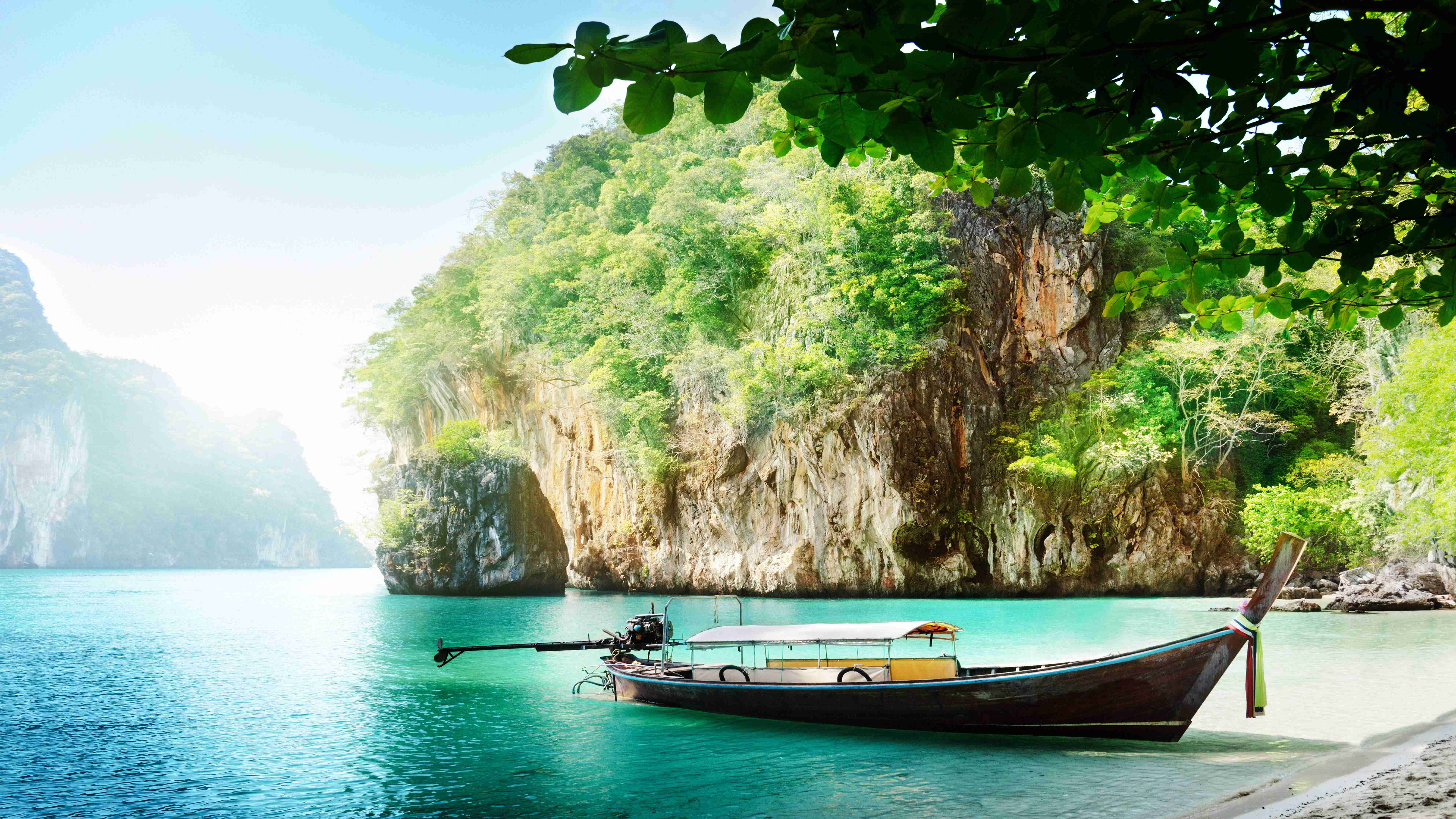 blue beach island, longtail boat, turquoise waters, 8K Desktop Wallpaper