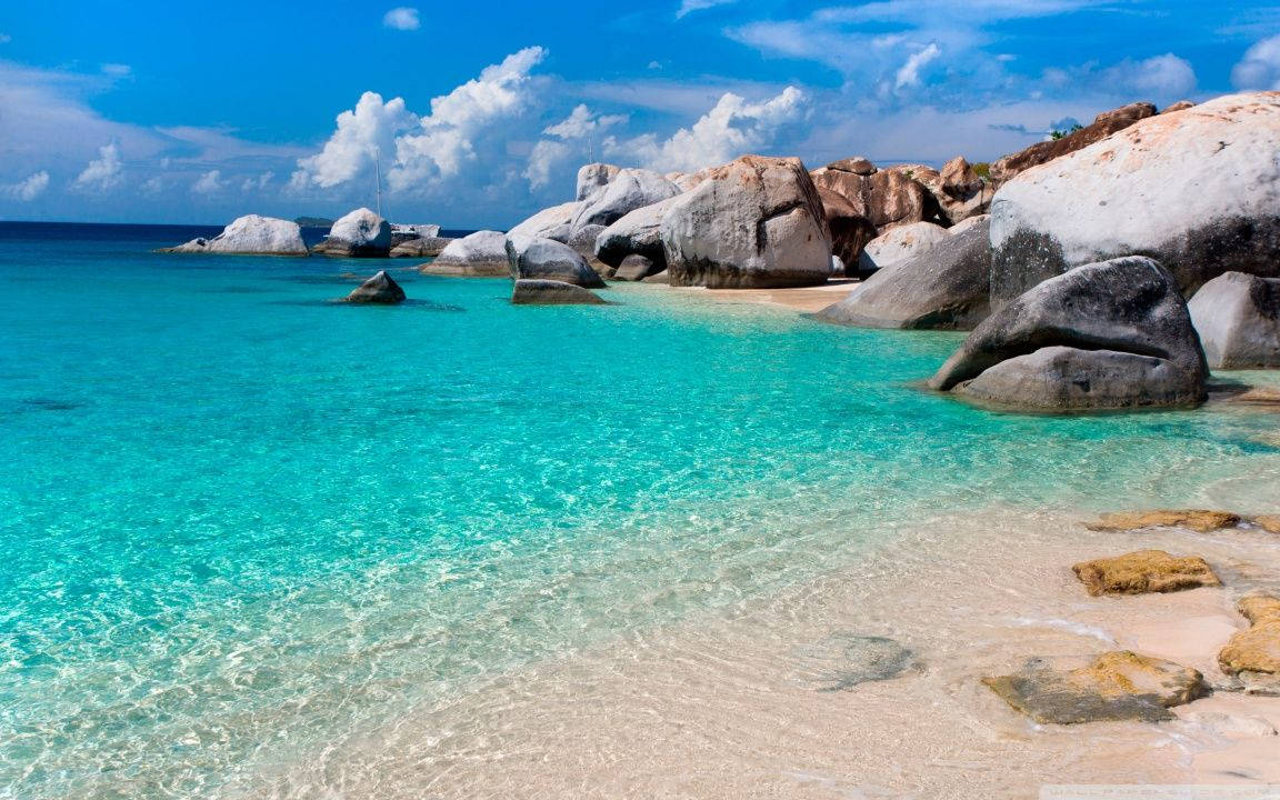 turquoise water, white sand beach, weathered boulders, SD Desktop Wallpaper