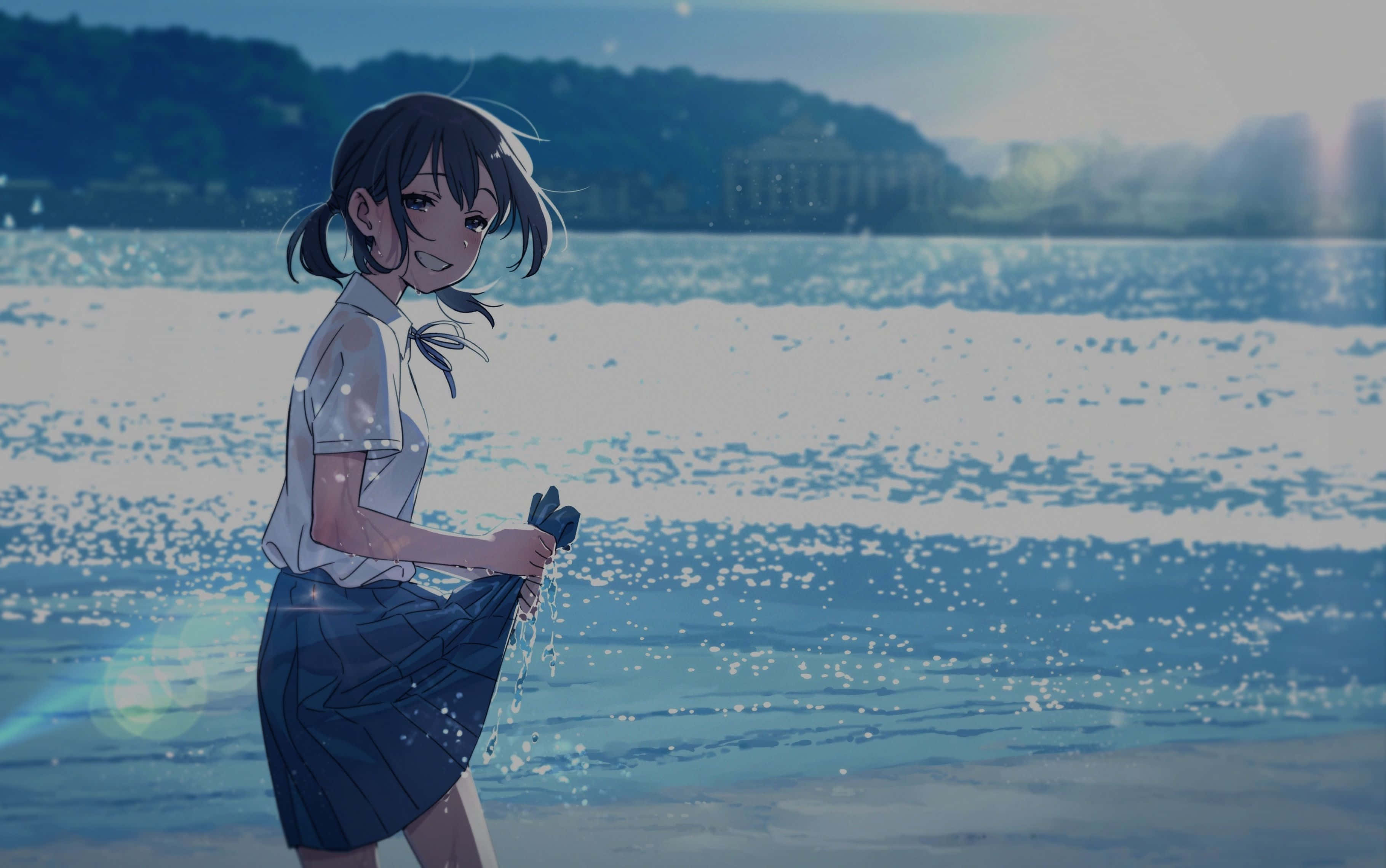 kawaii anime girl, school uniform, beach shoreline, 2K Desktop Wallpaper